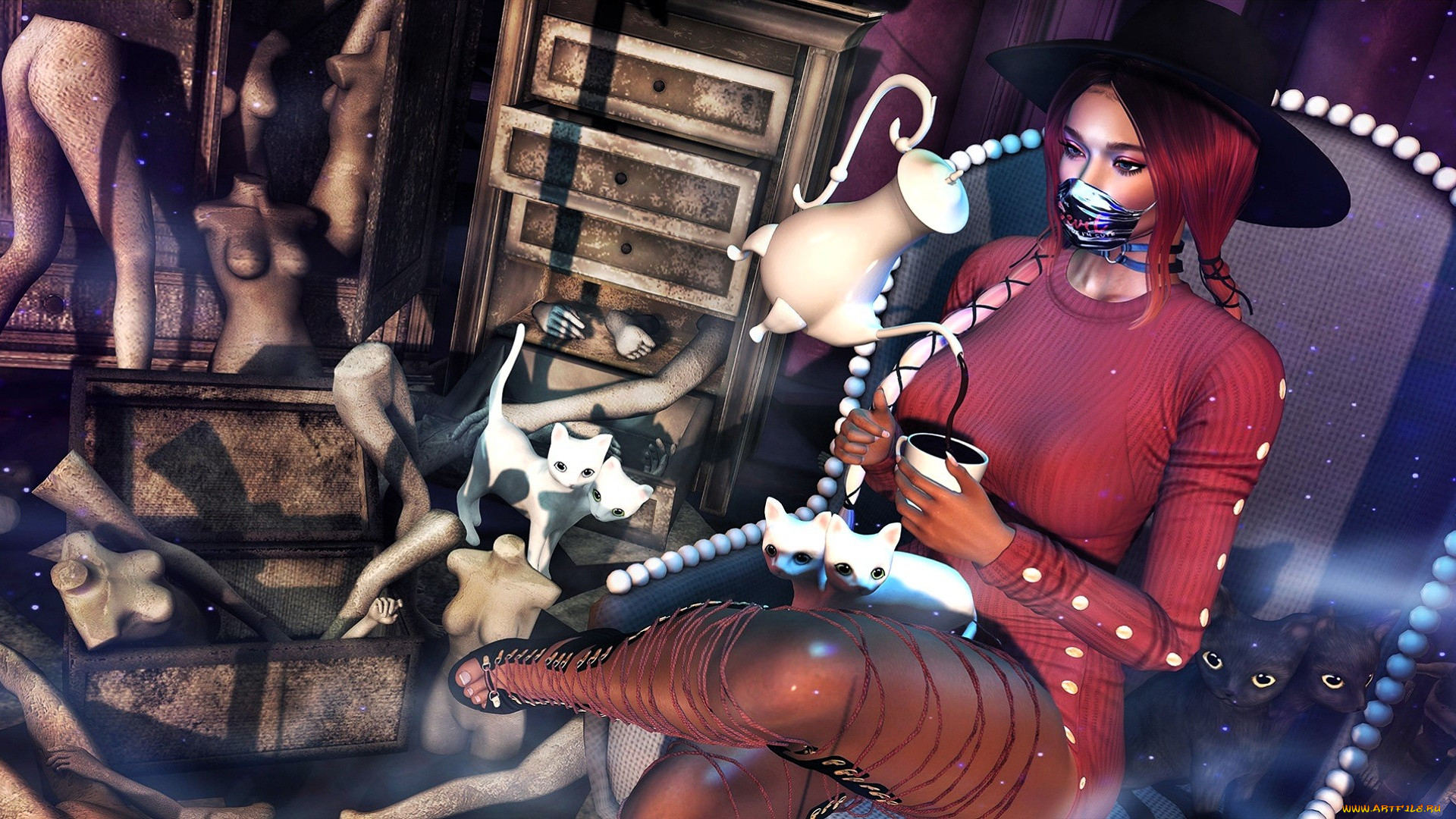 3д, графика, фантазия, , fantasy, девушка, шляпа, маска, платье, кошки, манекены, чашка, чайник