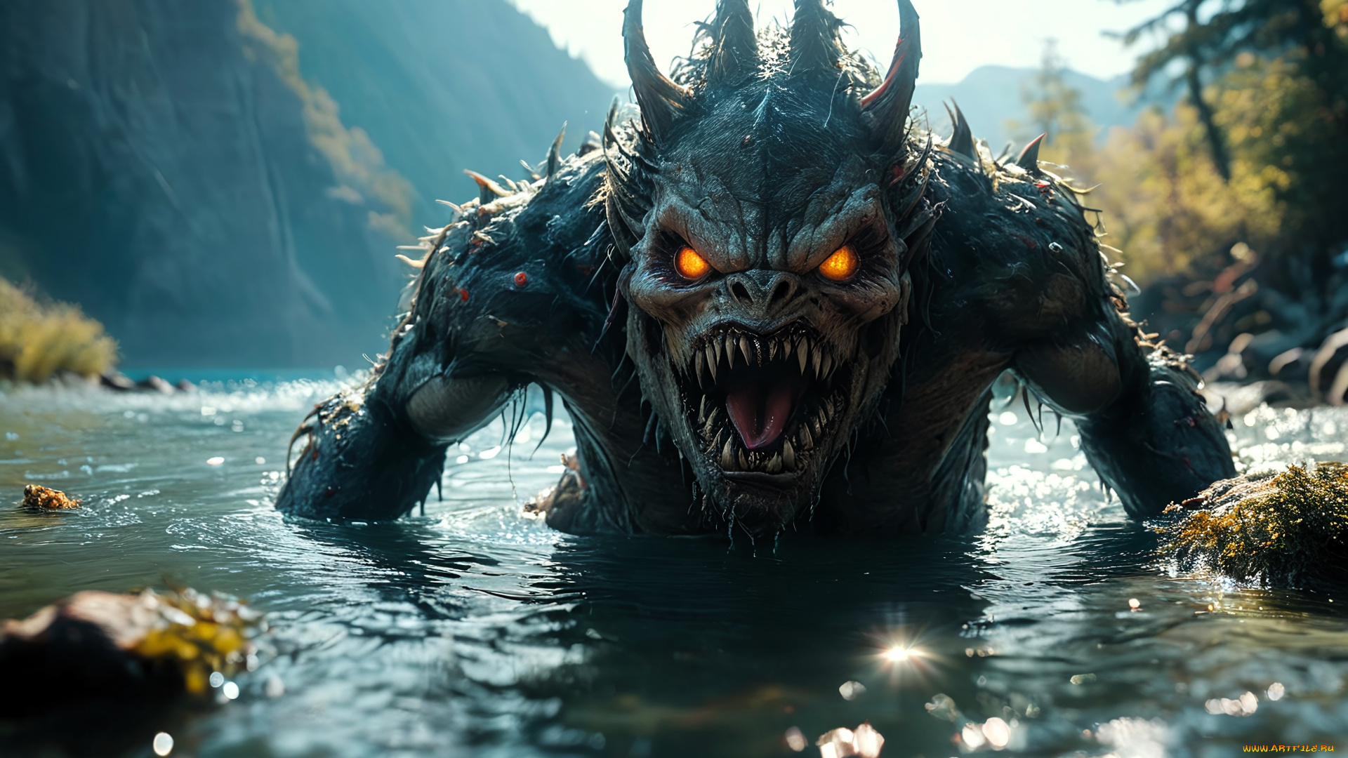 3д, графика, существа, , creatures, монстр, горы, лес, река