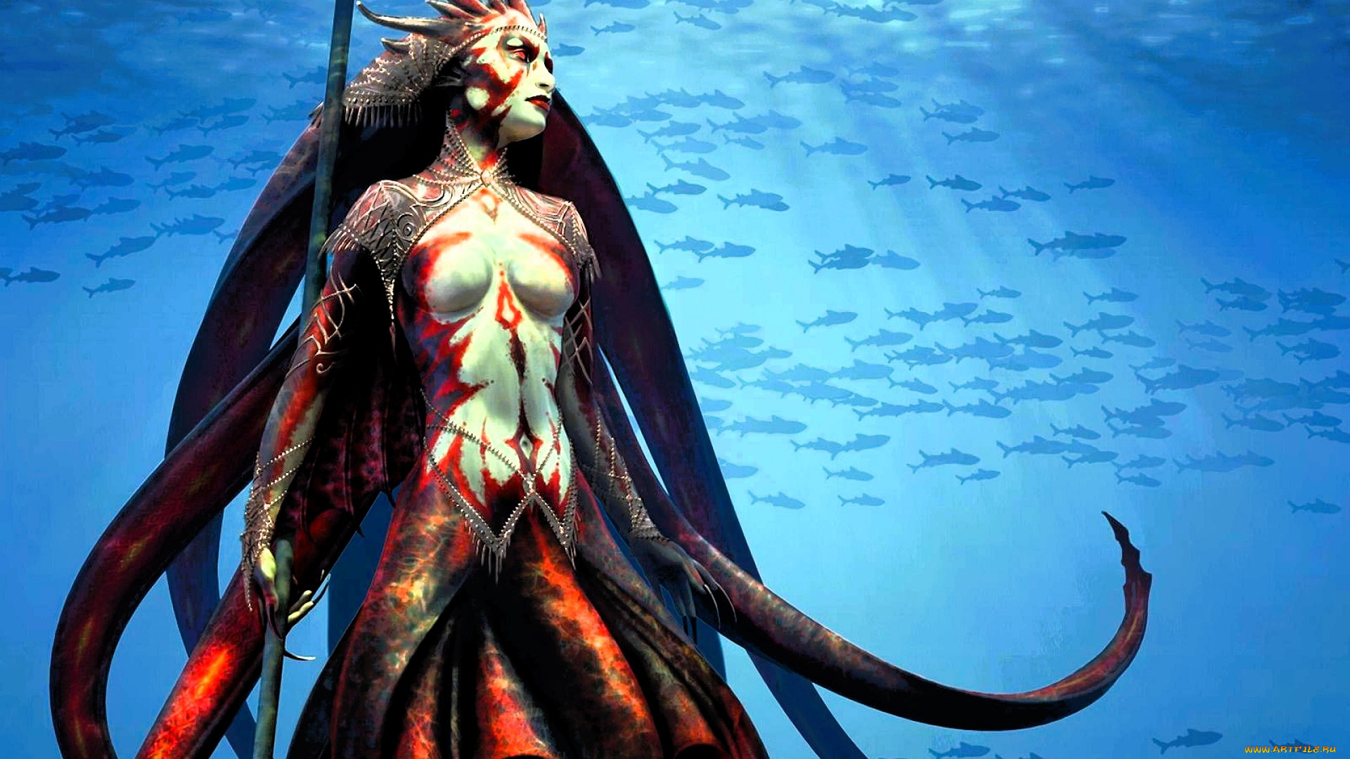 3д, графика, существа, , creatures, существо, женщина, копье, щупальца, море, рыба