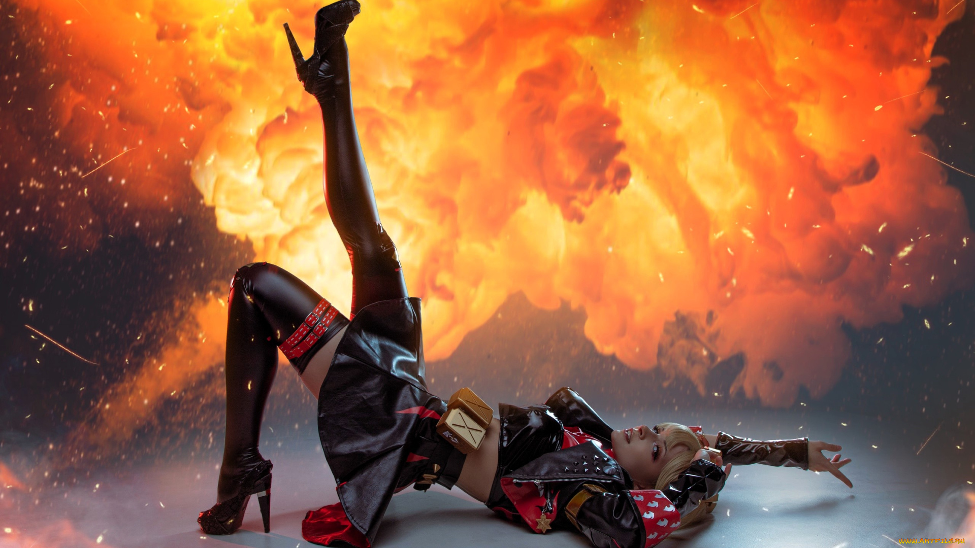 девушки, mari, aisu, образ, косплей, наряд, костюм, чулки, каблуки, огонь