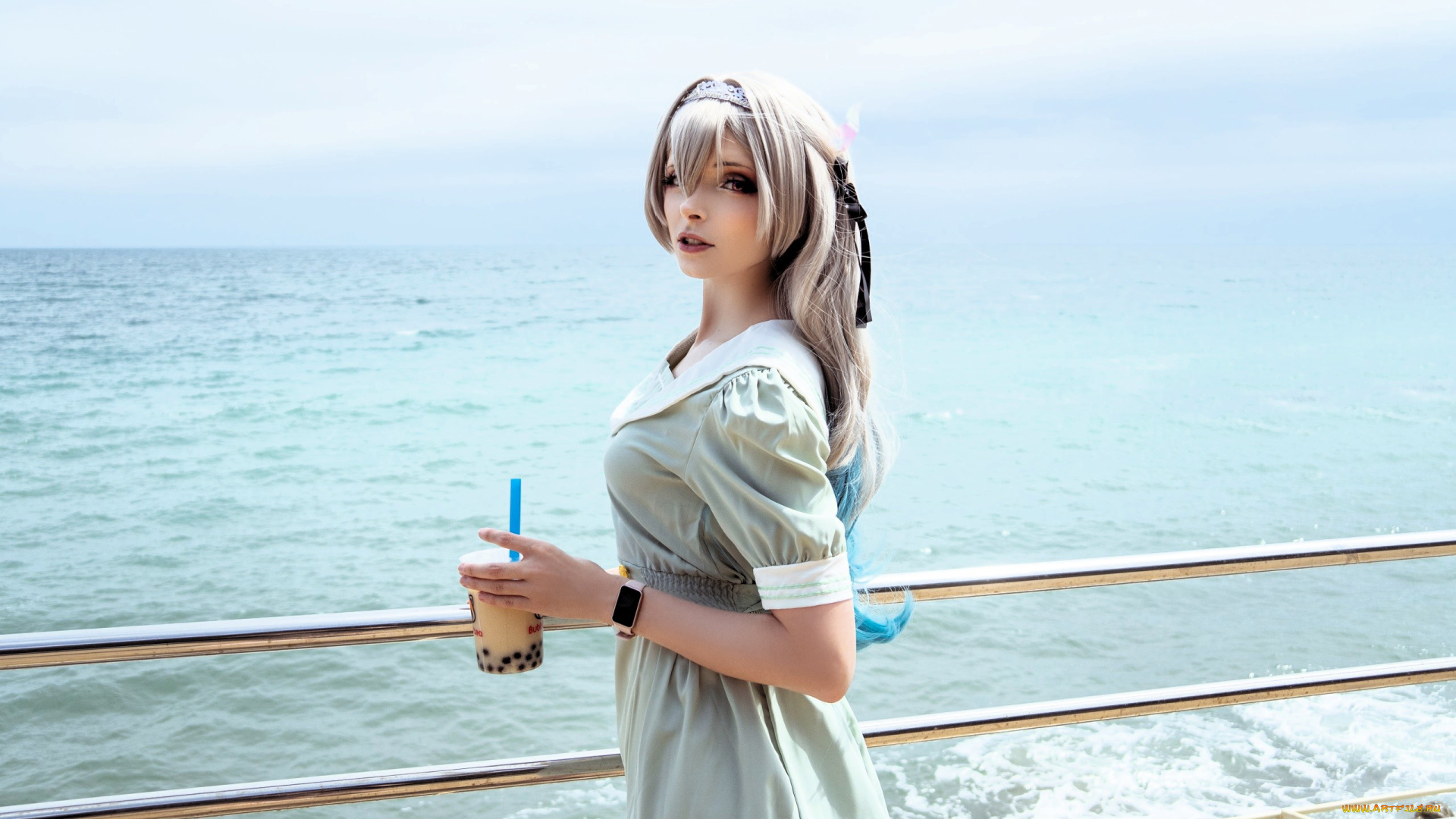 девушки, mari, aisu, образ, косплей, платье, стакан, набережная, море