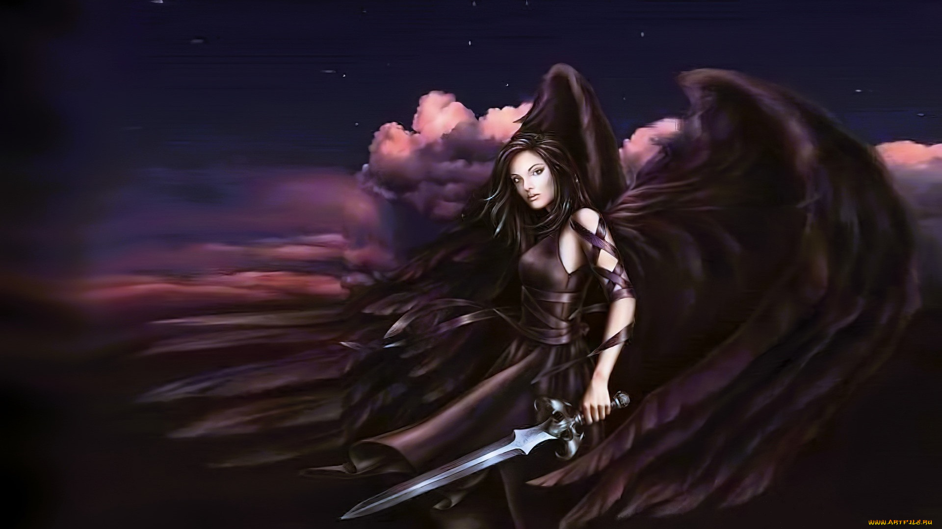 фэнтези, ангелы, девушка, ангел, крылья, меч, тучи