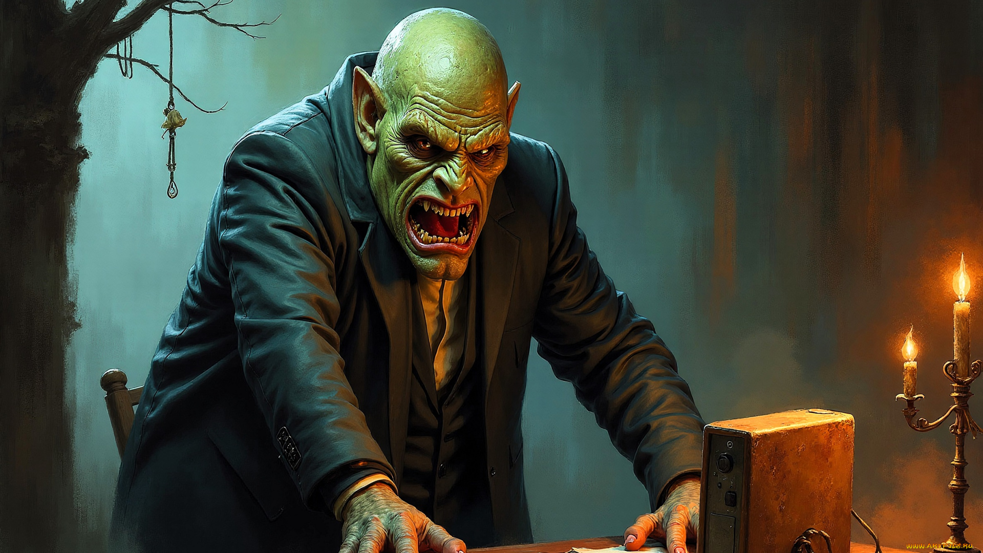 фэнтези, демоны, демон, начальник, костюм, стол, бумаги, свечи