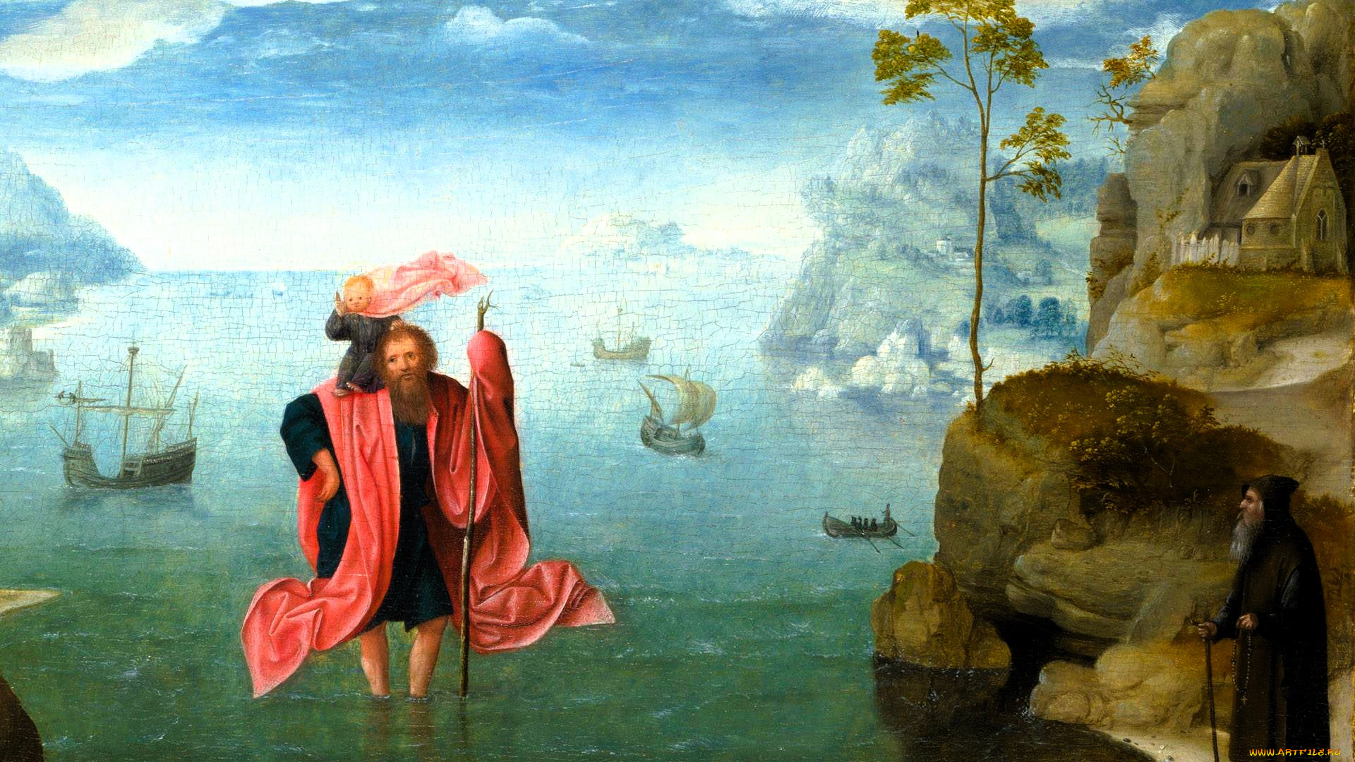 joachim, patinir, рисованное, живопись, скалы, люди, море, корабли