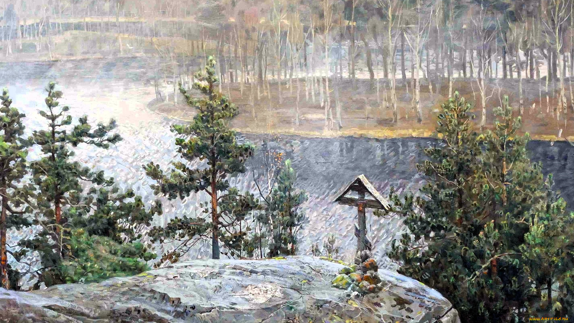 павел, рыженко, -валаам, рисованное, лес, деревья, острова, река, камень, крест