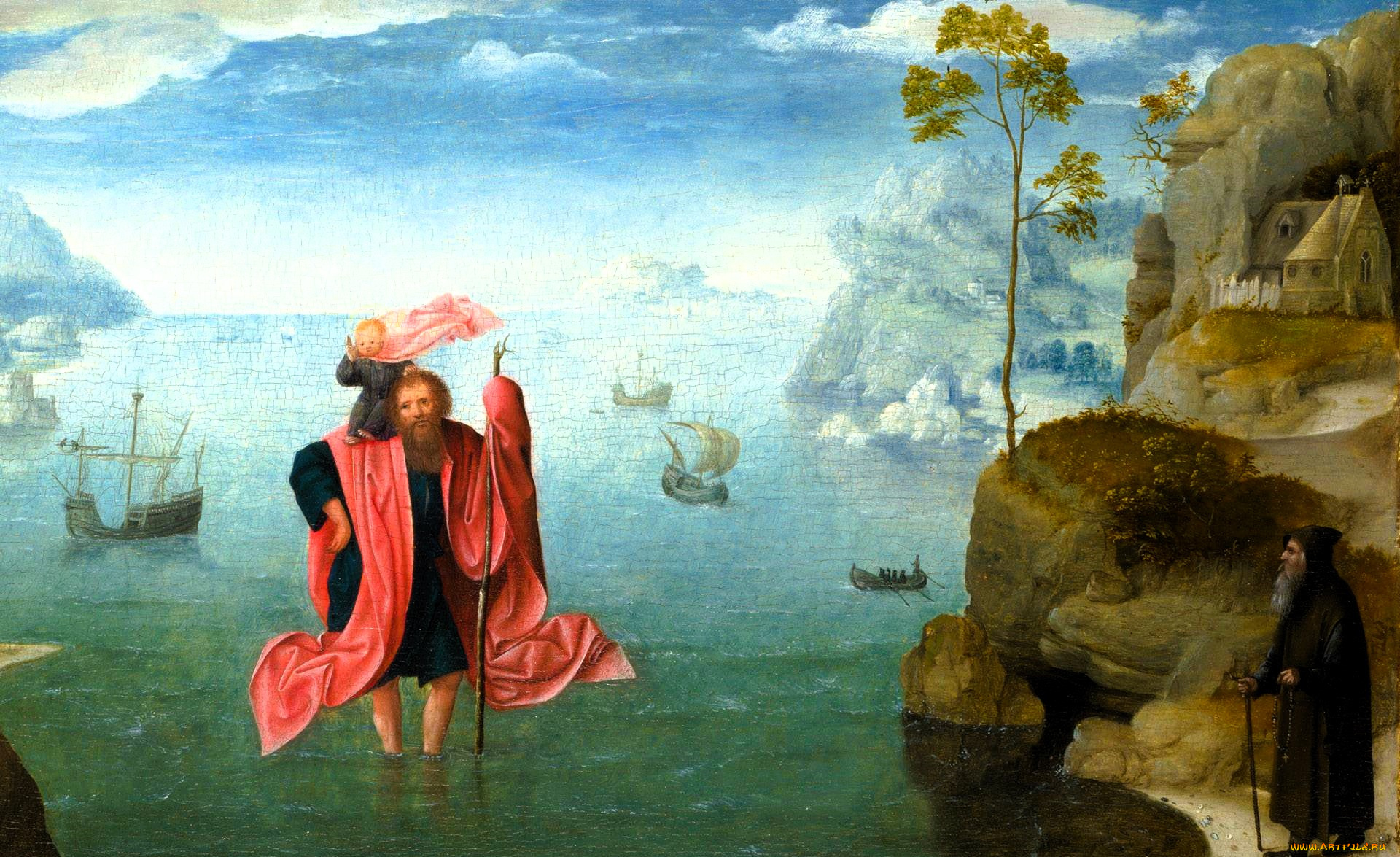 joachim, patinir, рисованное, живопись, скалы, люди, море, корабли