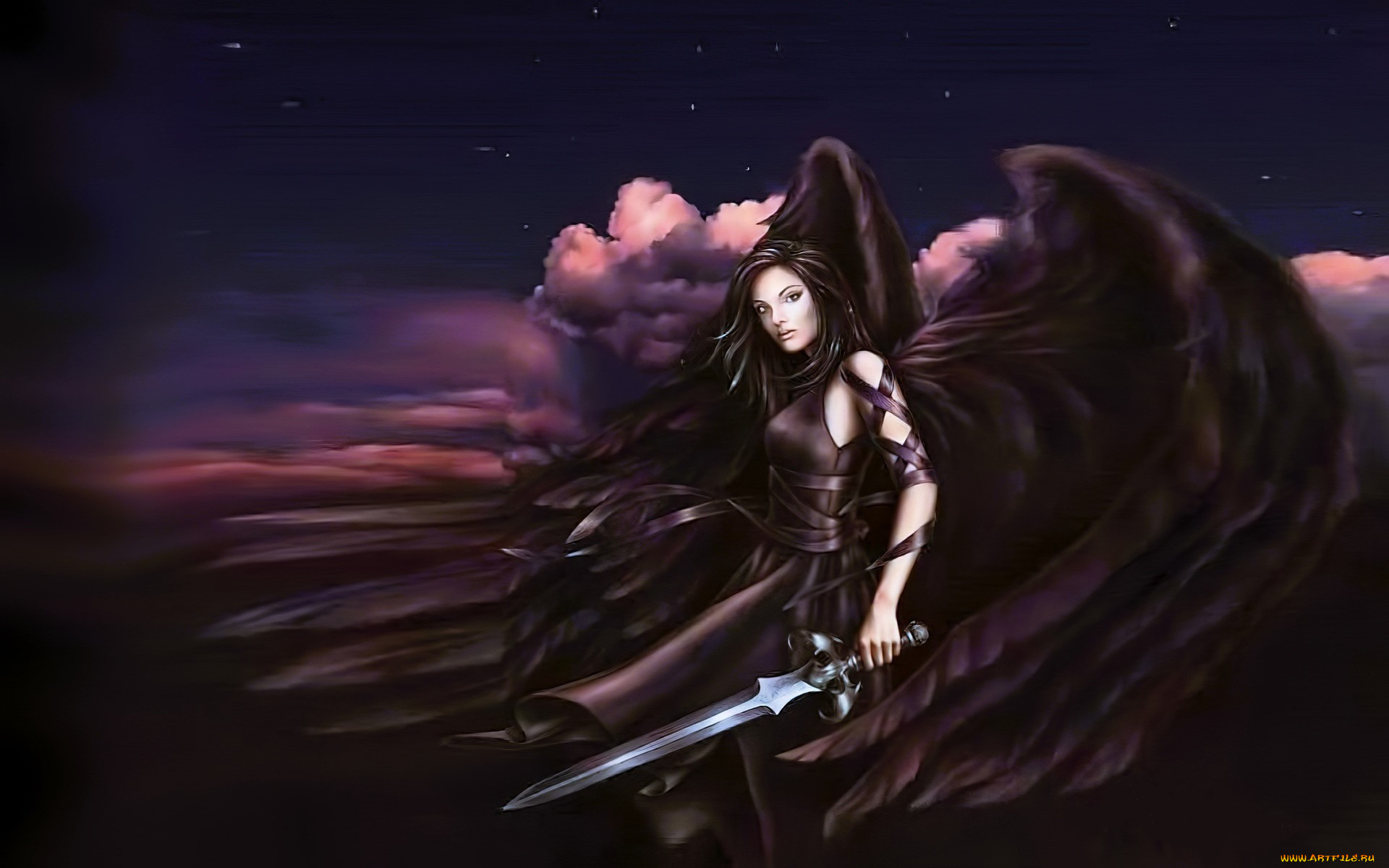 фэнтези, ангелы, девушка, ангел, крылья, меч, тучи