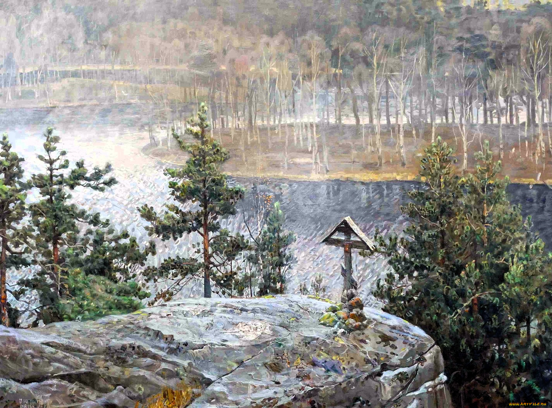 павел, рыженко, -валаам, рисованное, лес, деревья, острова, река, камень, крест