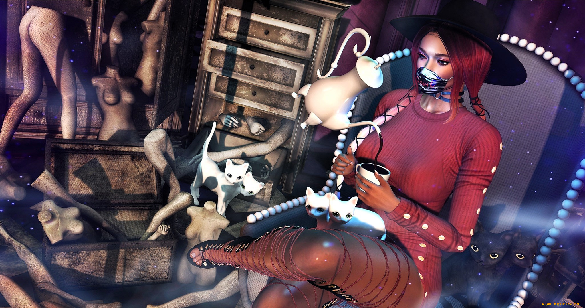 3д, графика, фантазия, , fantasy, девушка, шляпа, маска, платье, кошки, манекены, чашка, чайник