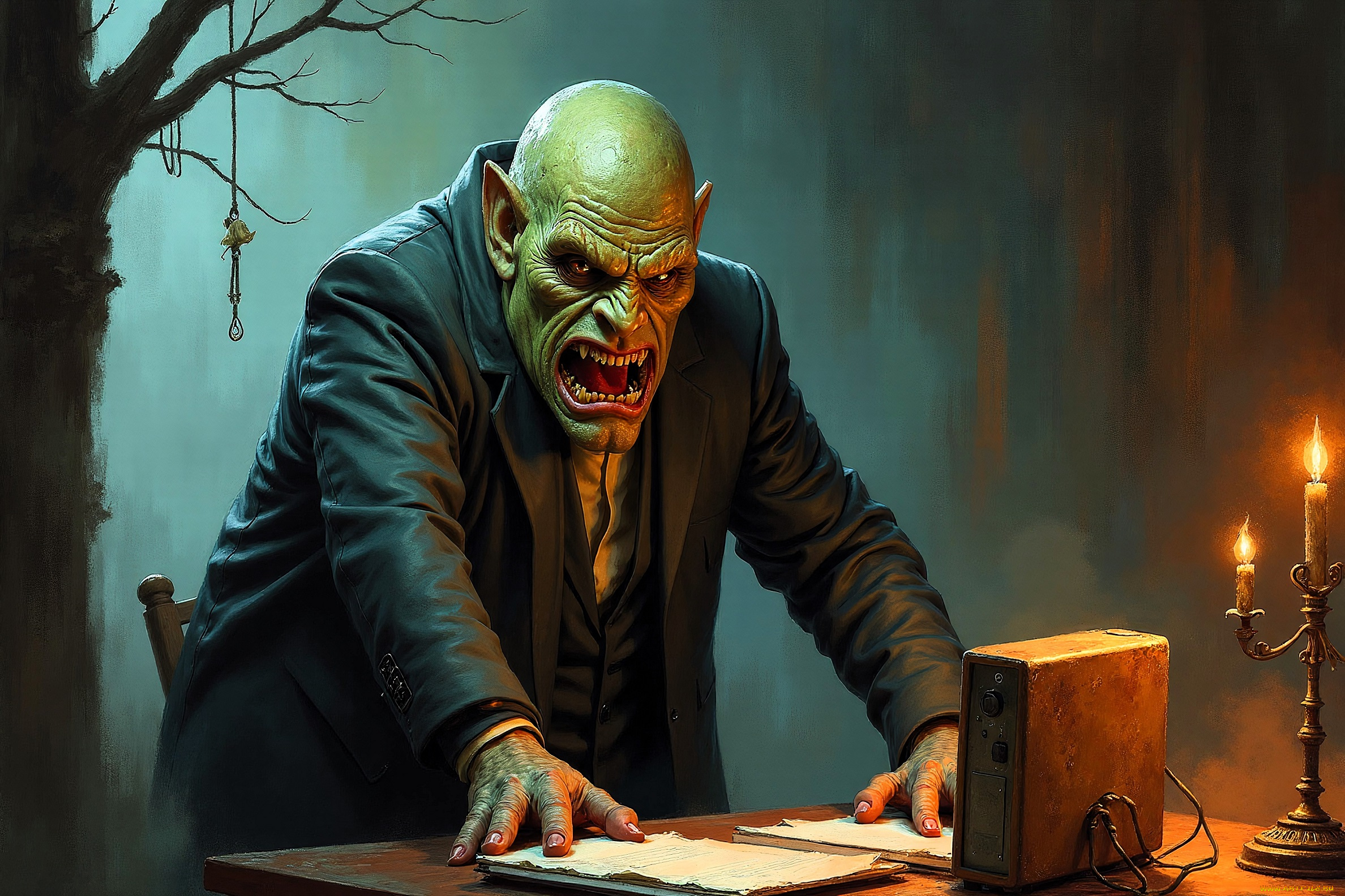 фэнтези, демоны, демон, начальник, костюм, стол, бумаги, свечи