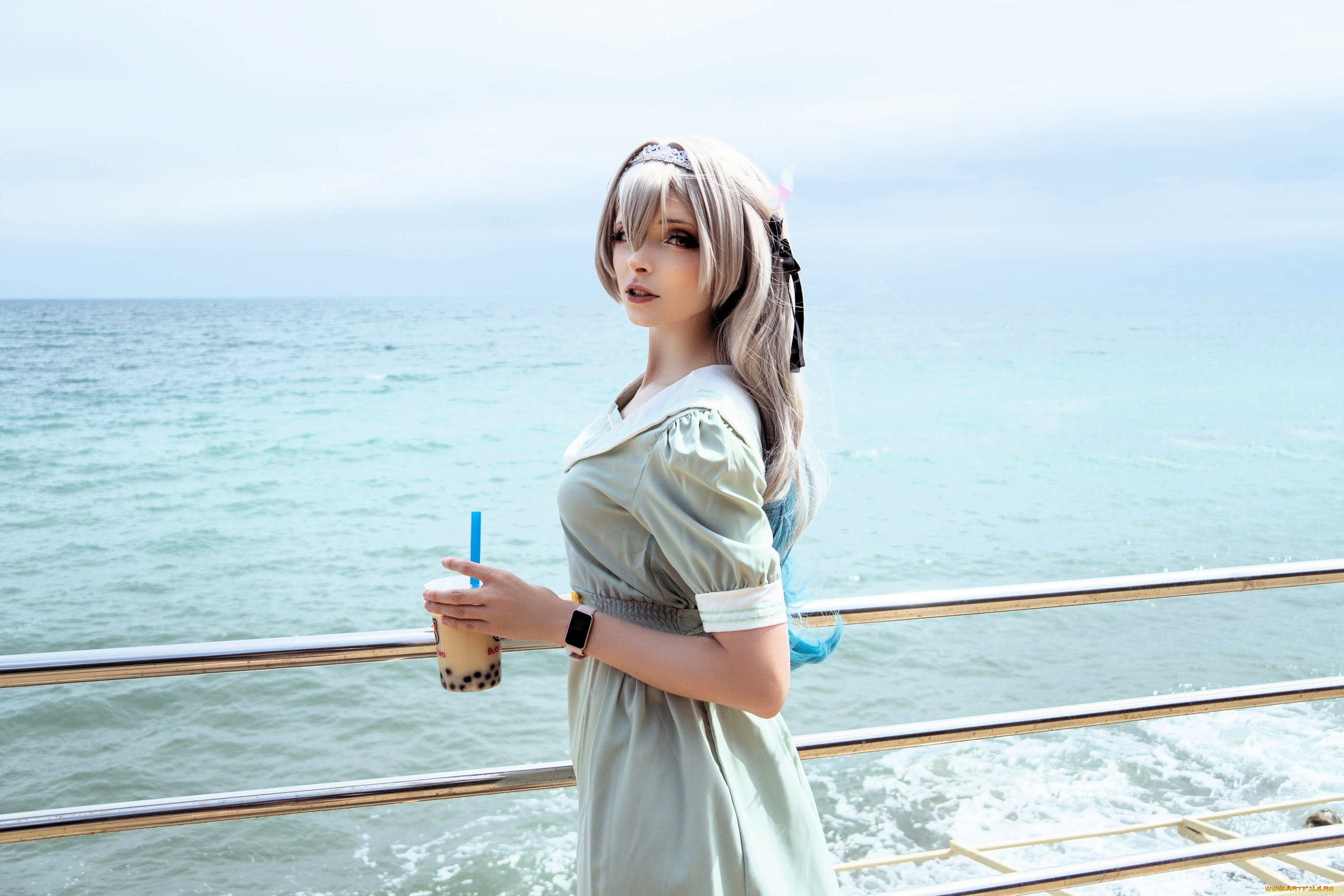 девушки, mari, aisu, образ, косплей, платье, стакан, набережная, море