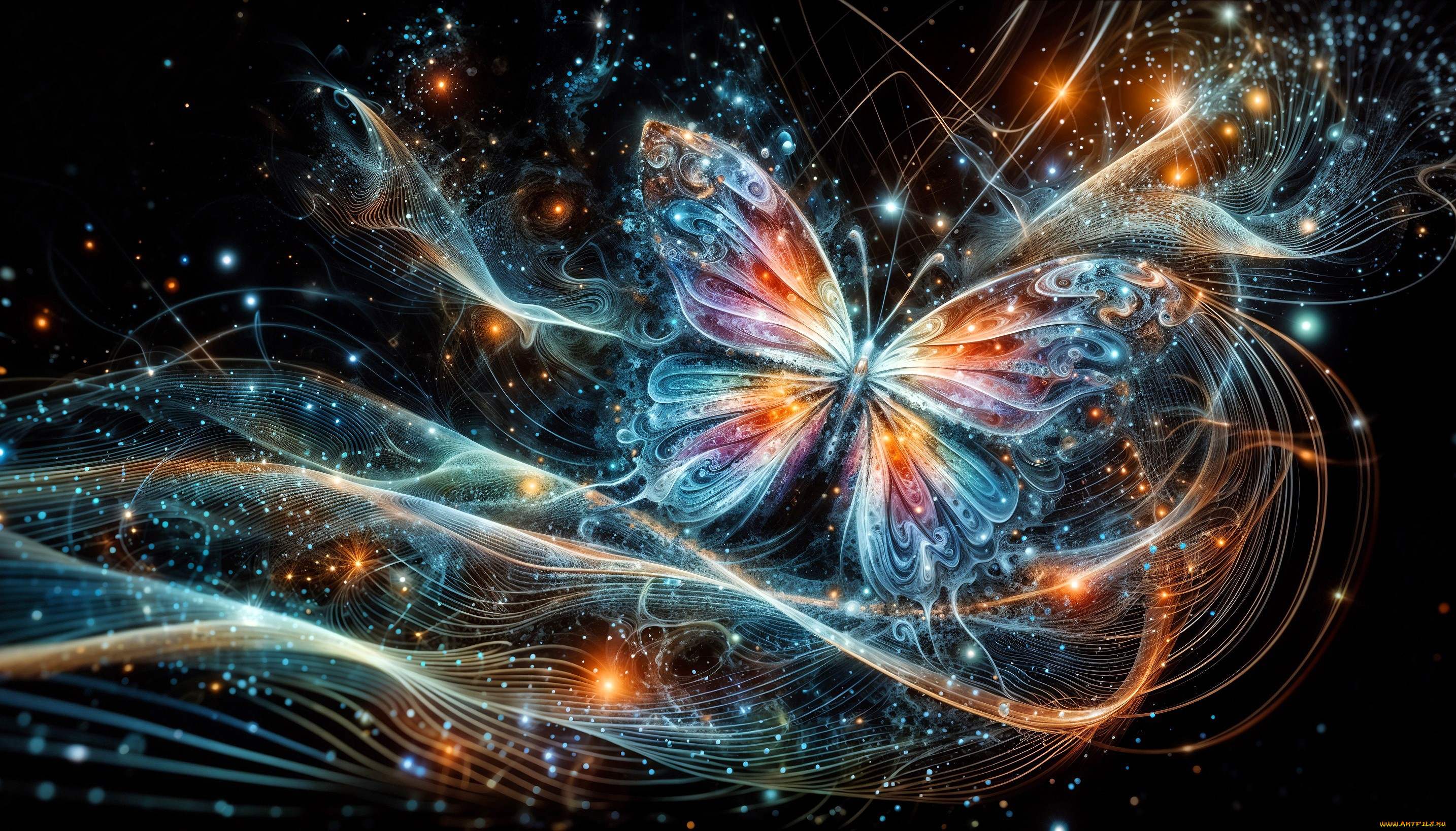 3д, графика, животные, , animals, бабочка, магия, линии, волны, пятна, свет
