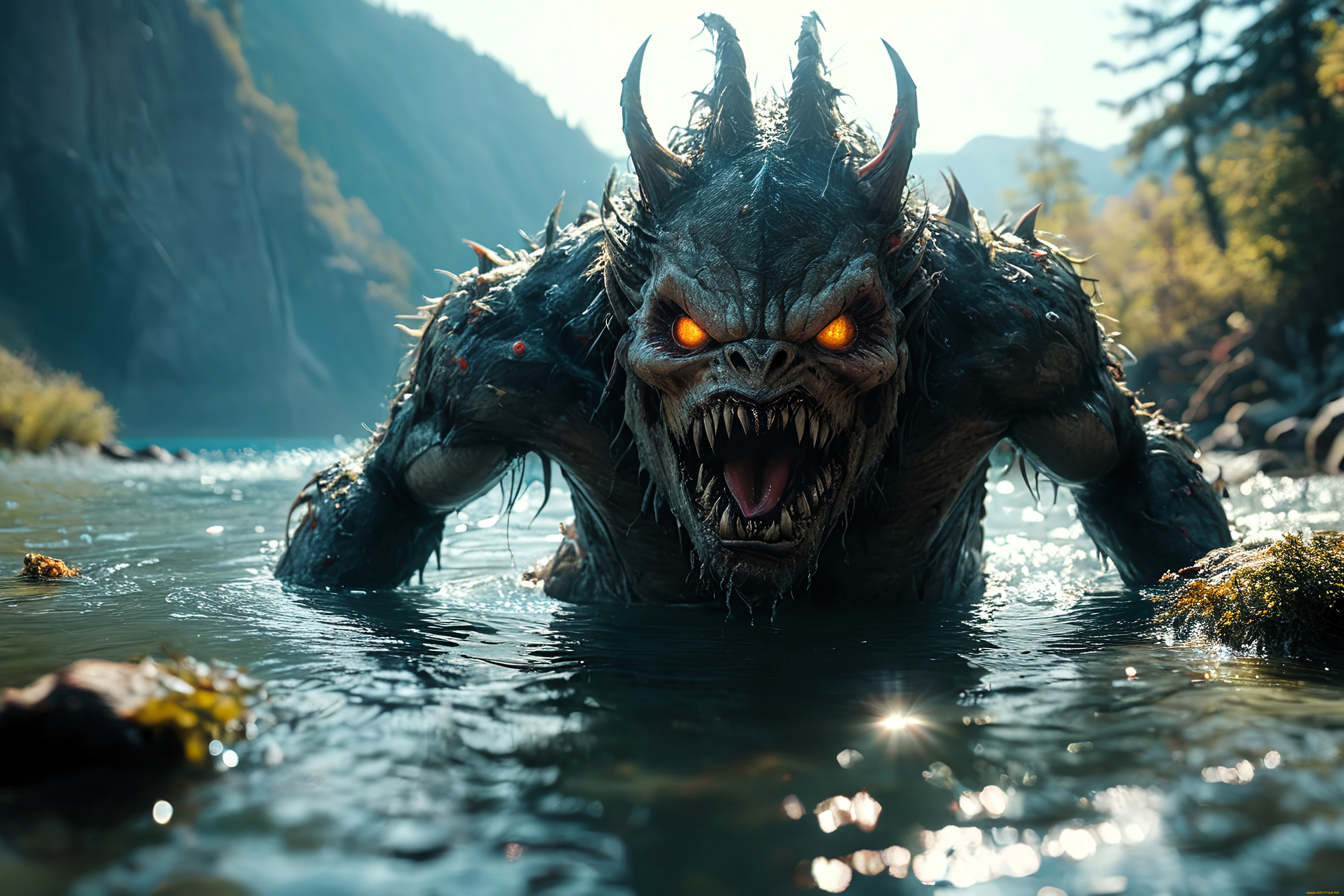 3д, графика, существа, , creatures, монстр, горы, лес, река