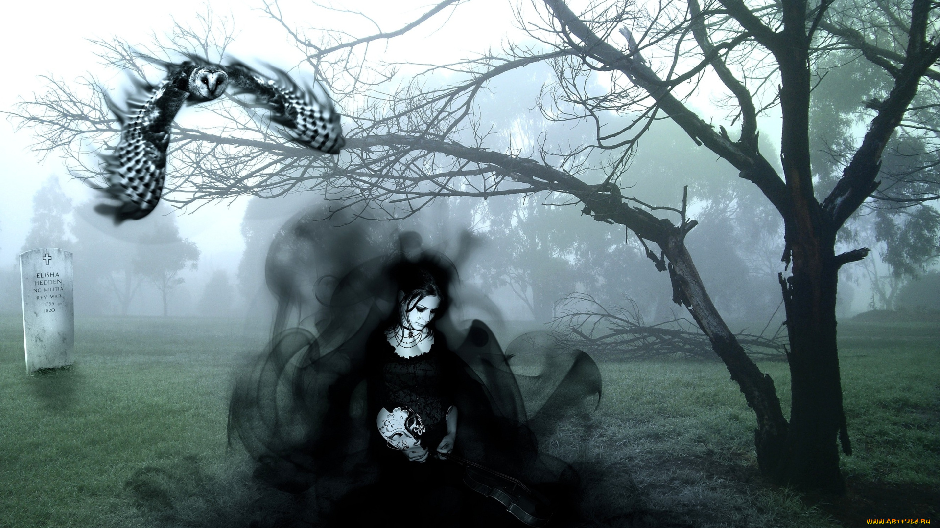 фэнтези, девушки, надгробие, сова, маска