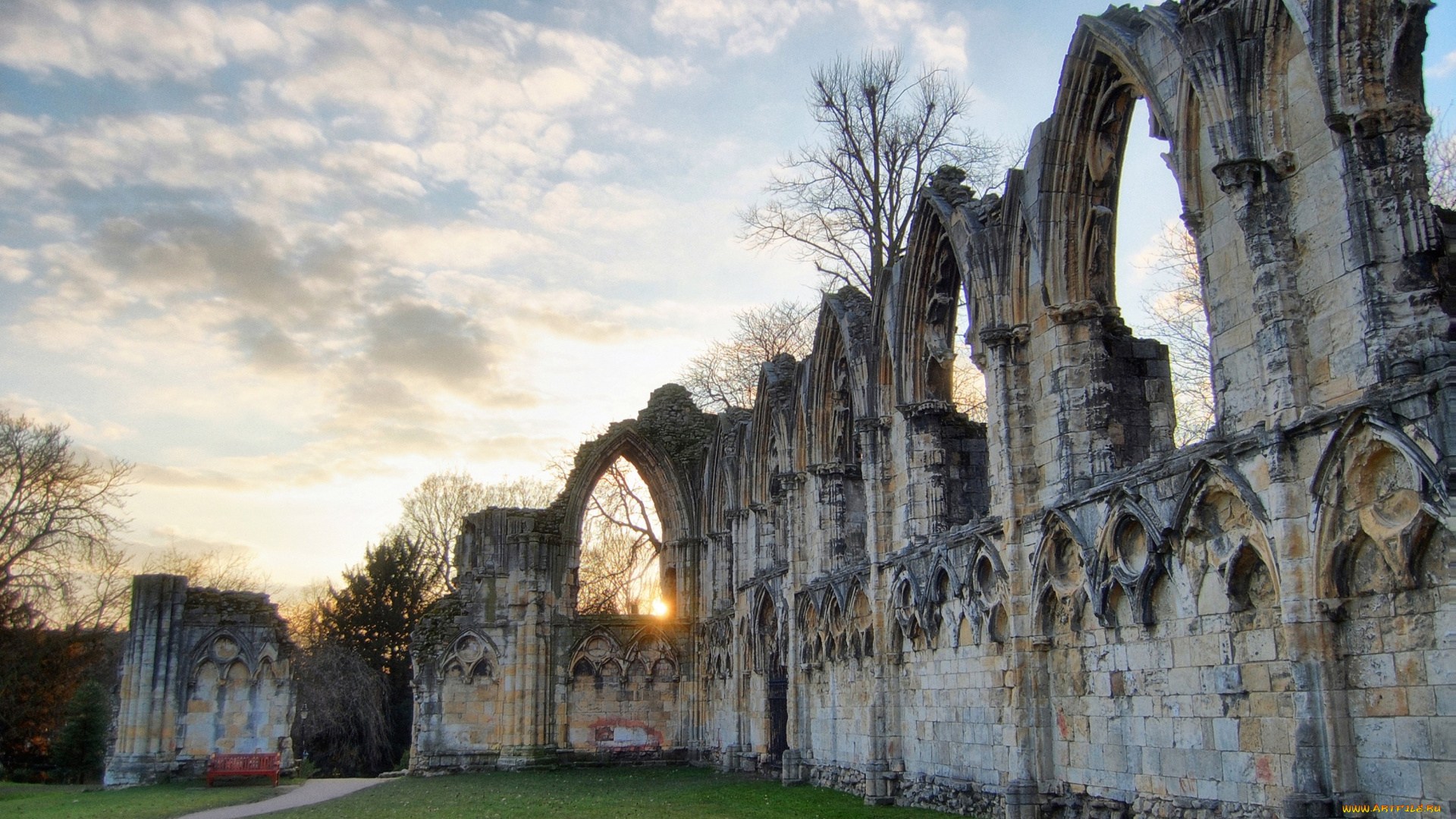 руины, бенедектинского, монастыря, святой, марии, англии, города, исторические, архитектурные, памятники, развалины, стены, арки