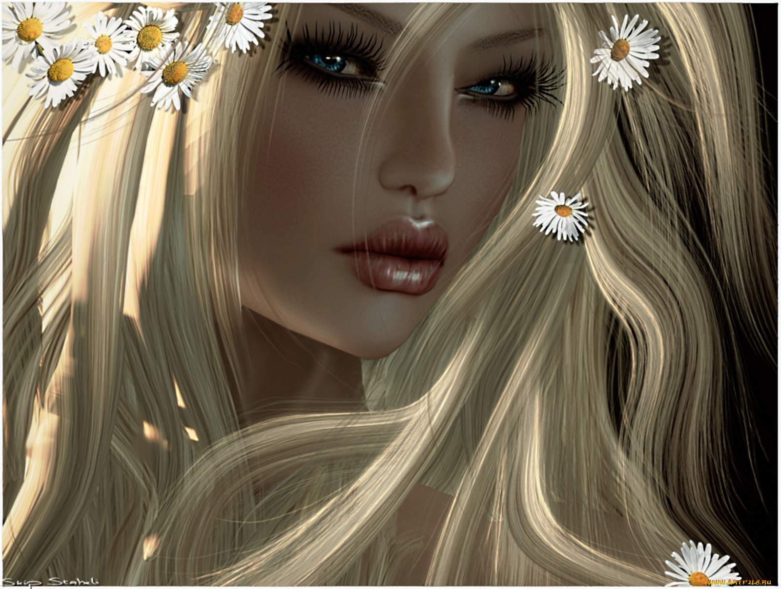 3д, графика, portraits, портрет, ромашки, лицо, блондинка