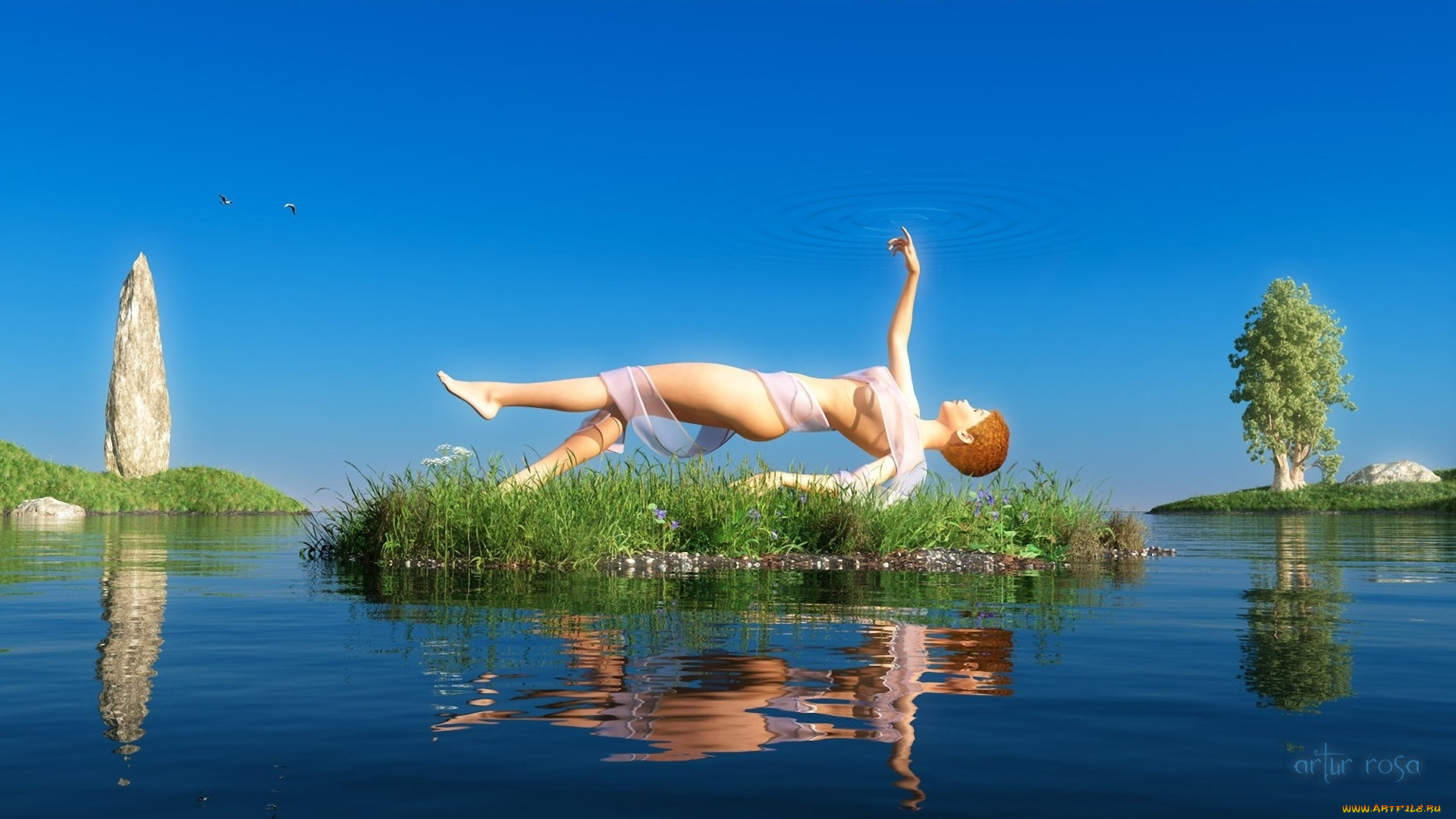 3д, графика, fantasy, фантазия, трава, островок, остров, вода, озеро, полоска, ткань, лента, отражение, гладь, камень, деревья, рука, небо