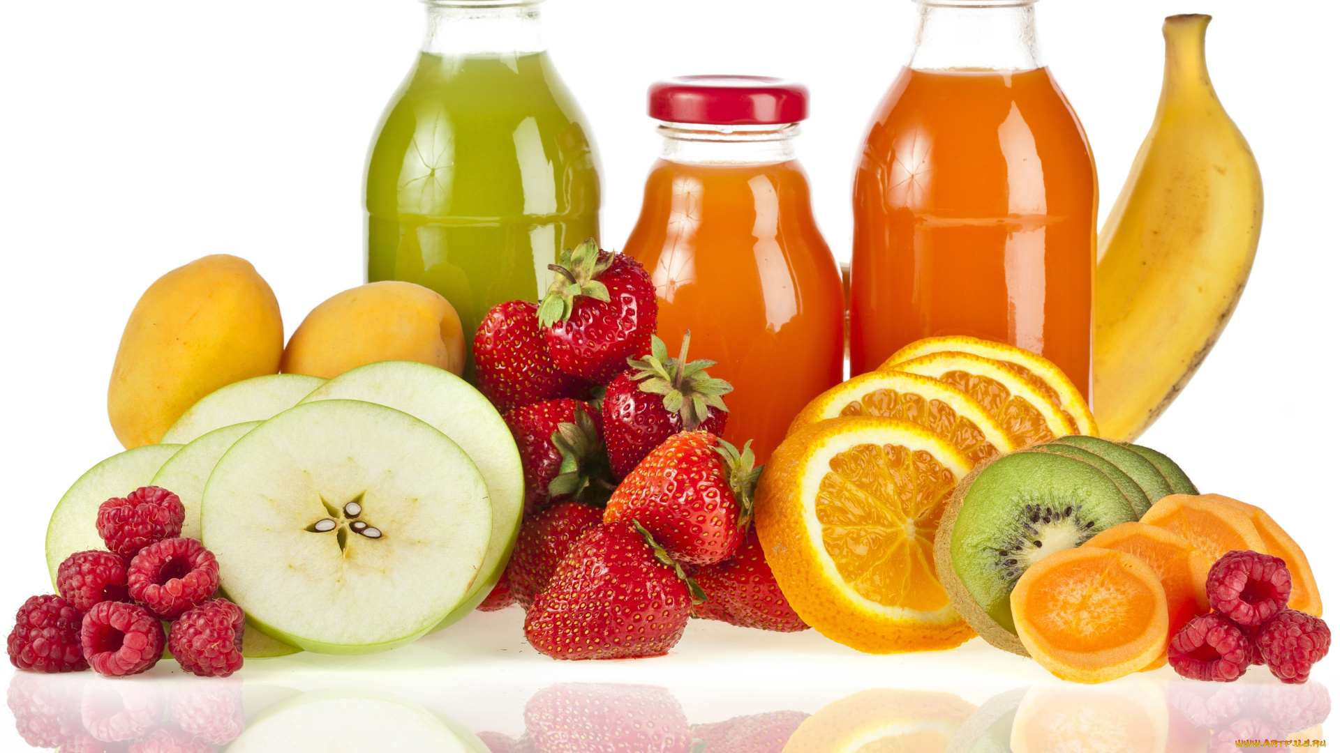еда, фрукты, ягоды, соки, клубника, малина, апельсин, банан, яблоко, киви