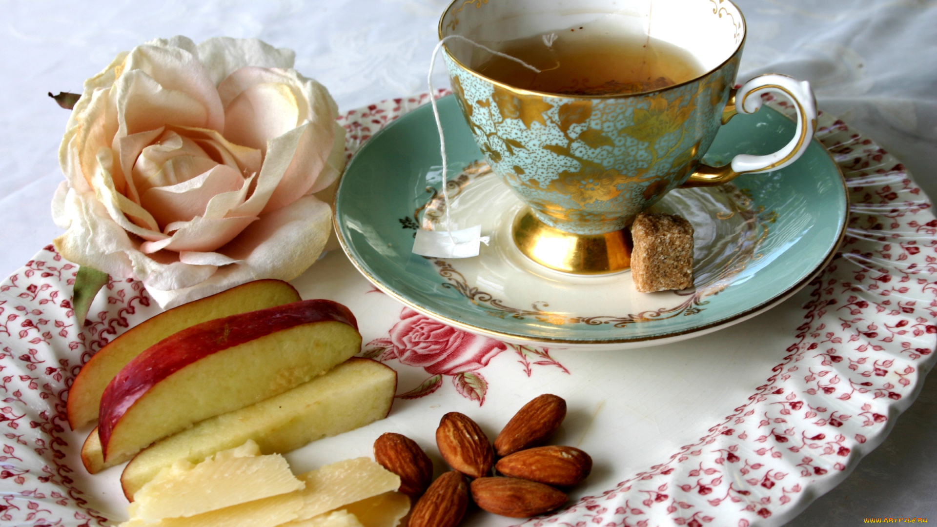 еда, напитки, Чай, яблоко, пармезан, чай, миндаль, чашка, роза