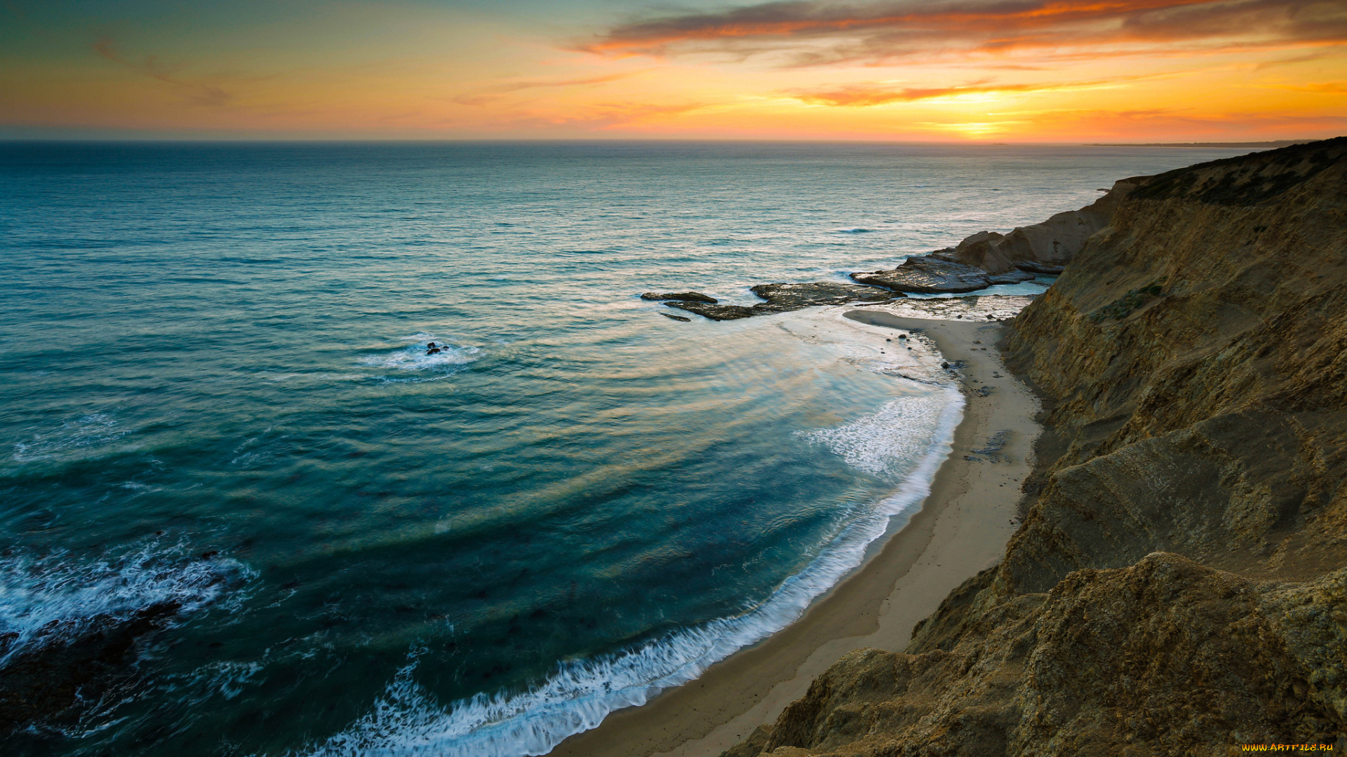 природа, побережье, океан, закат, скалы