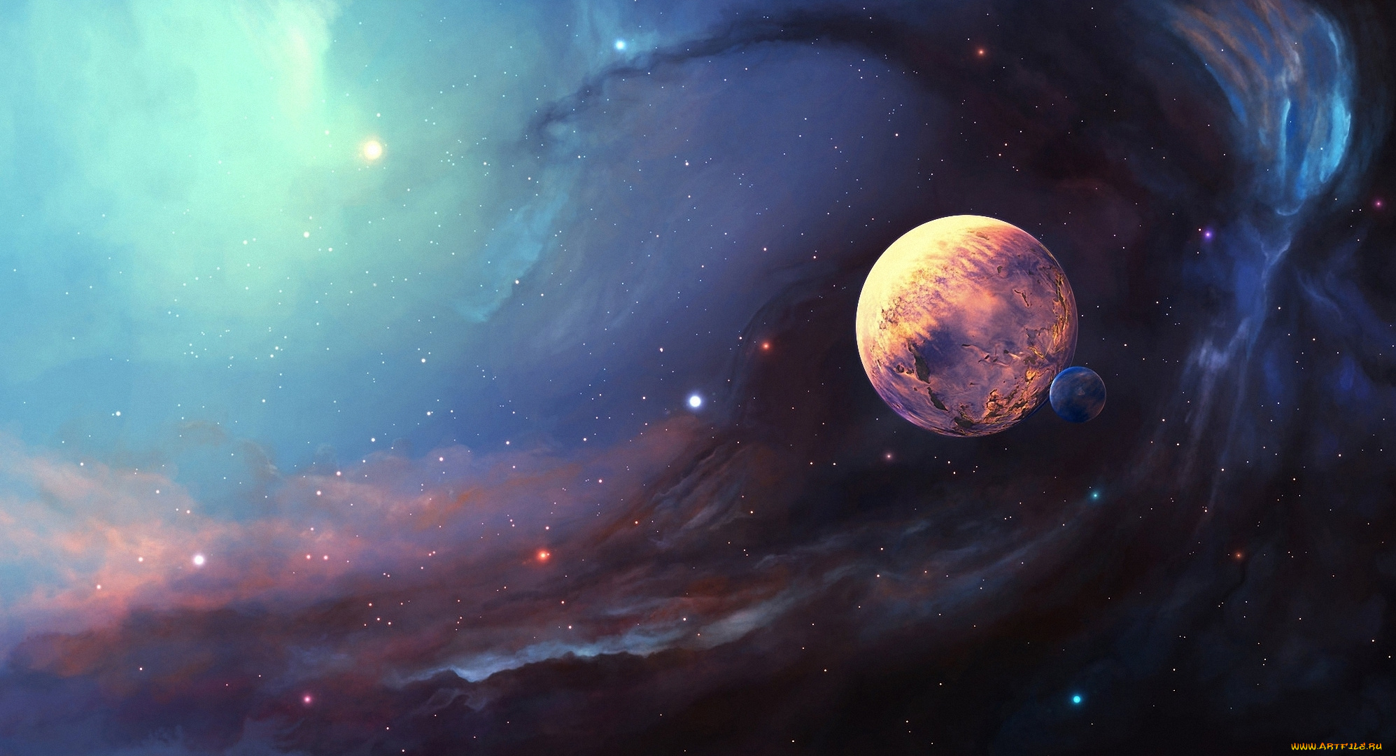 космос, арт, спутник, планета, туманность, звезды