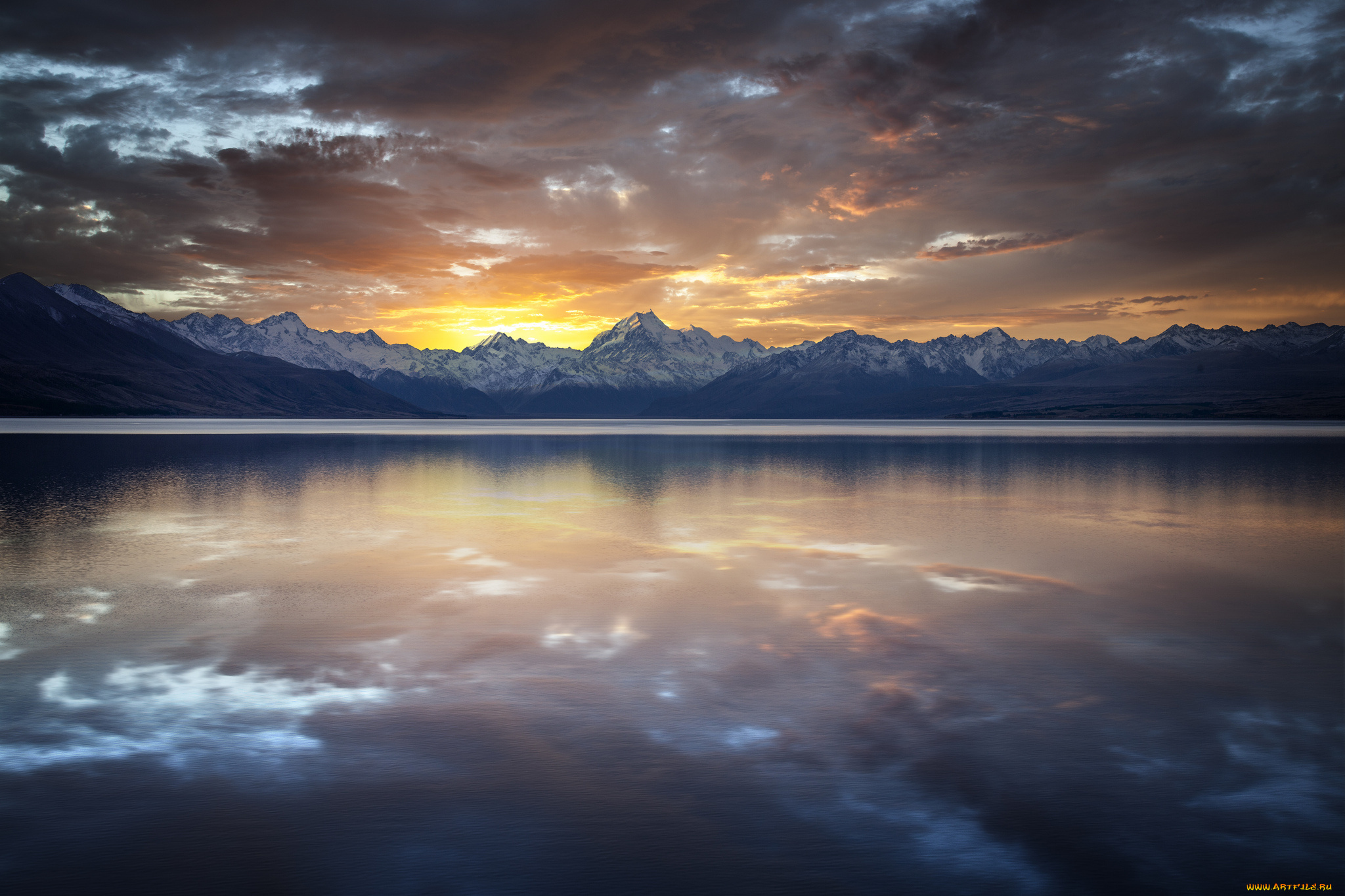 lake, pukaki, and, mount, cook, new, zealand, природа, реки, озера, озеро, горы, новая, зеландия, закат