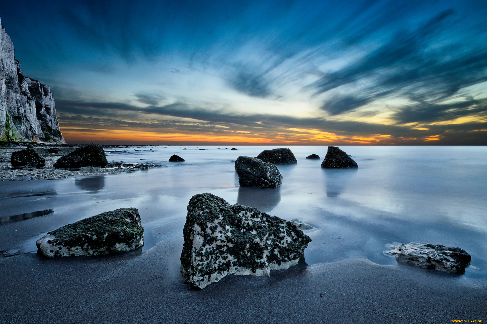 природа, побережье, море, закат, камни