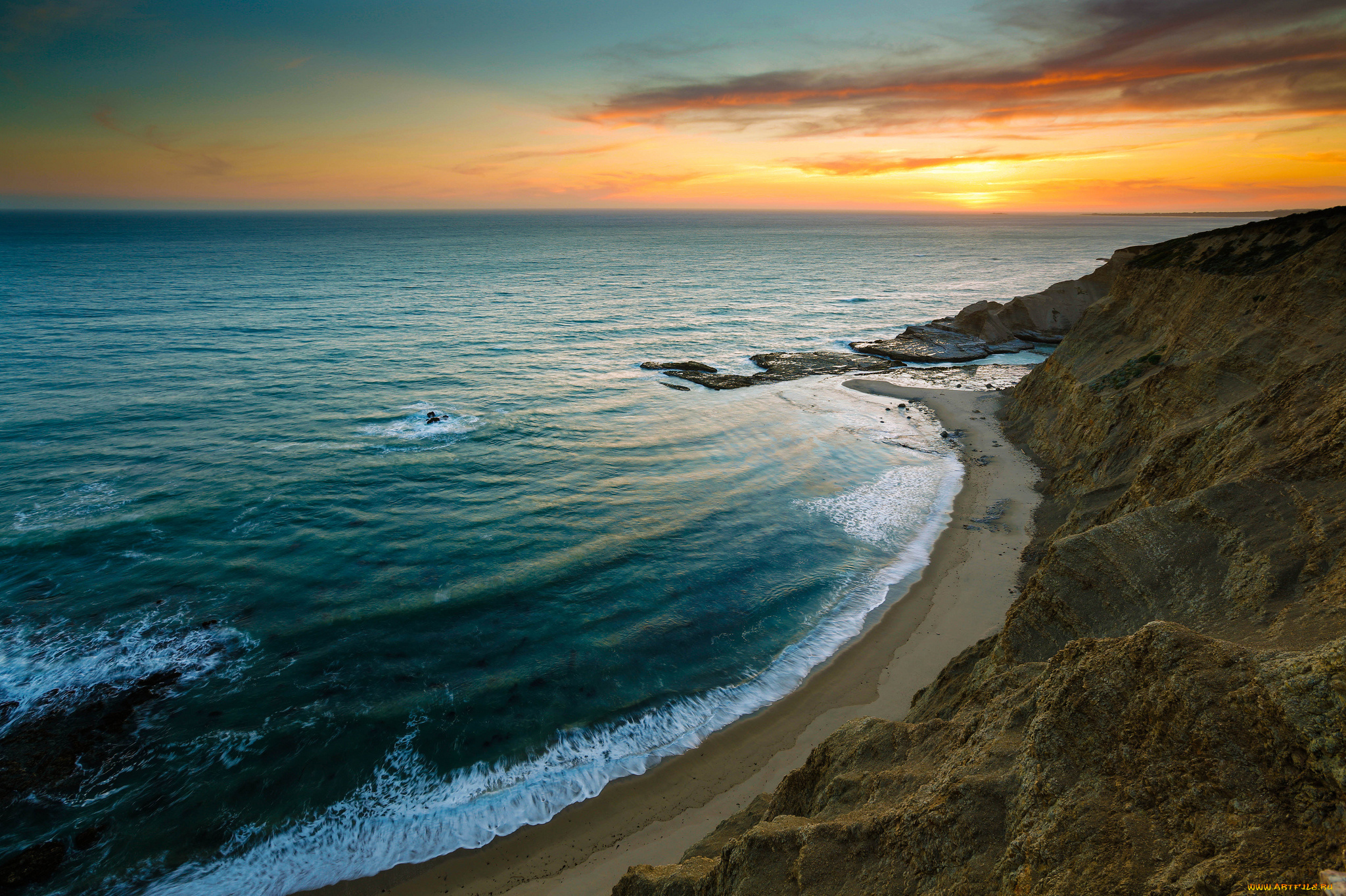 природа, побережье, океан, закат, скалы