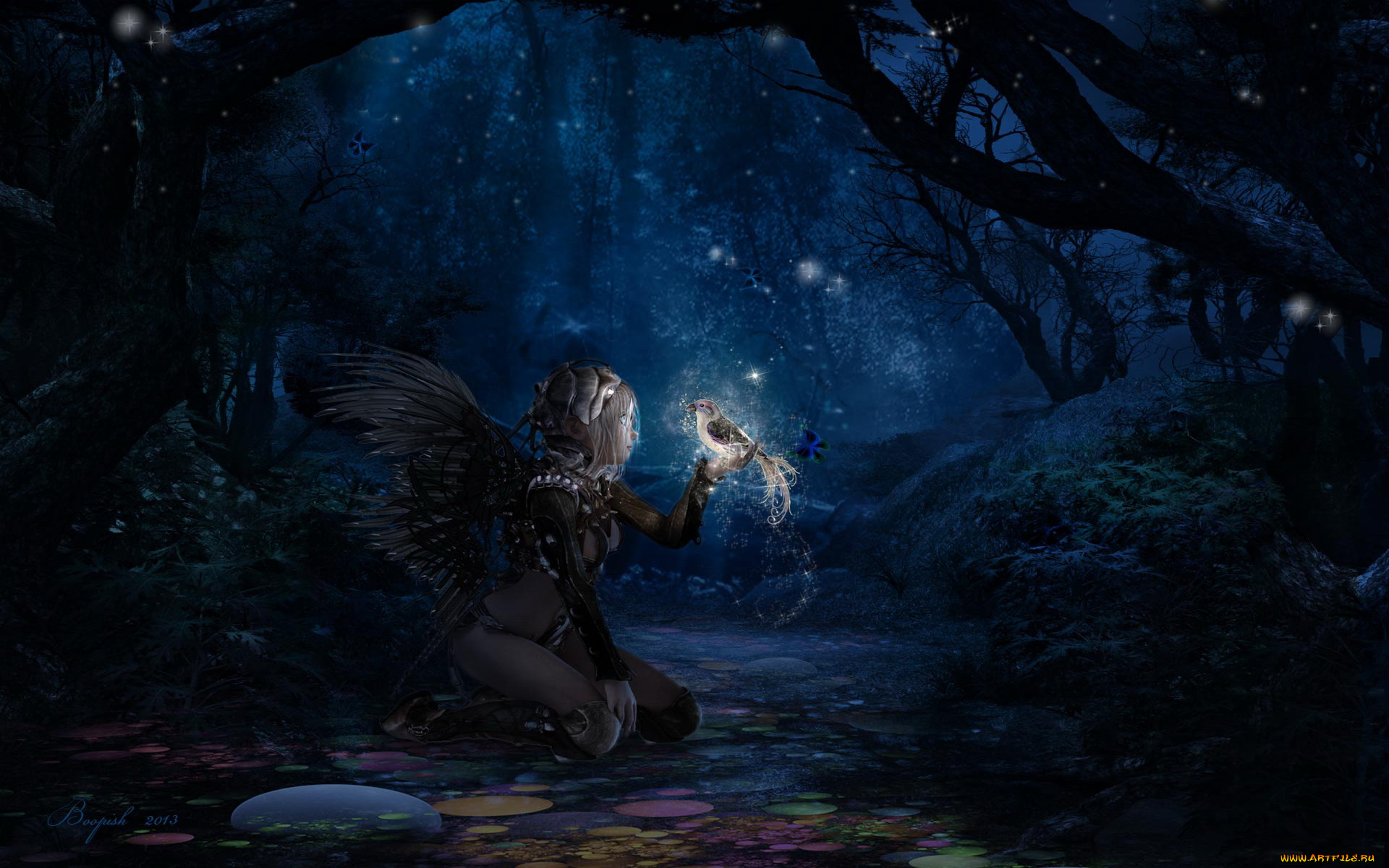 фэнтези, ангелы, птичка, ангел, лес