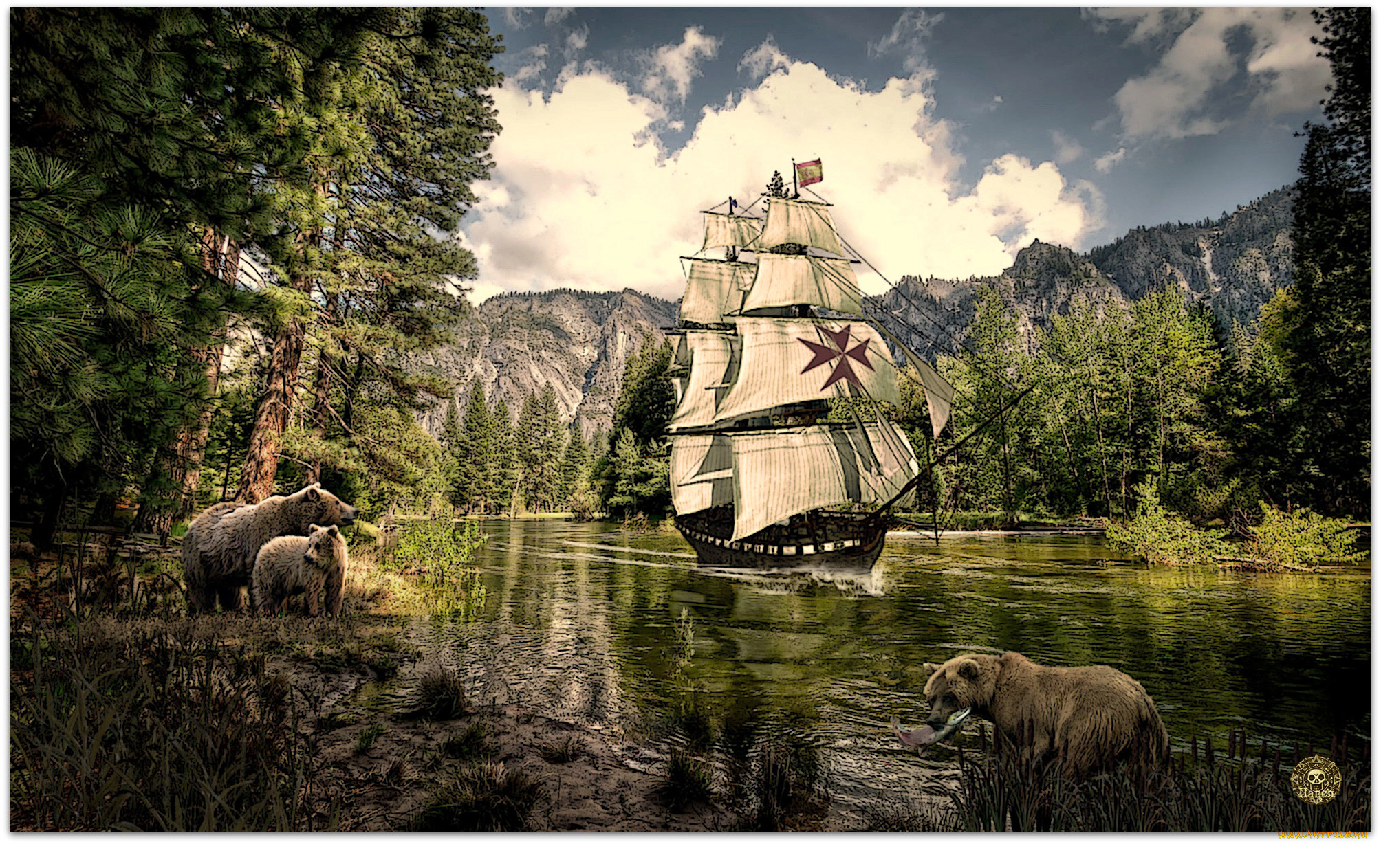 фэнтези, пейзажи, река, медведи, парусник