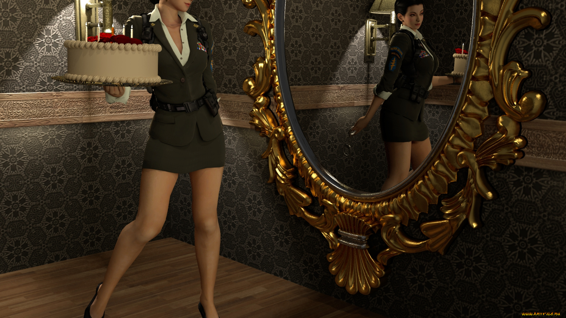 3д, графика, люди, , people, девушка, взгляд, зеркало, торт