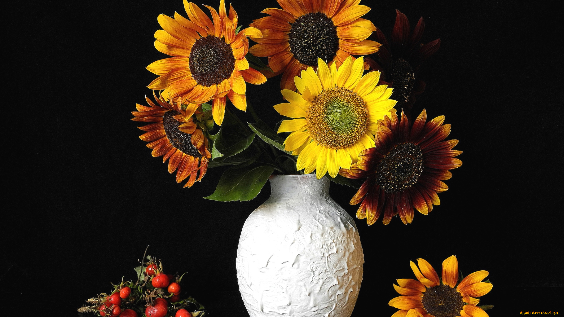цветы, подсолнухи, букет, шиповник
