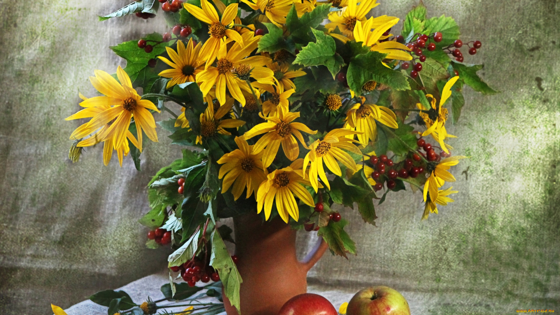 цветы, рудбекия, яблоки, калина