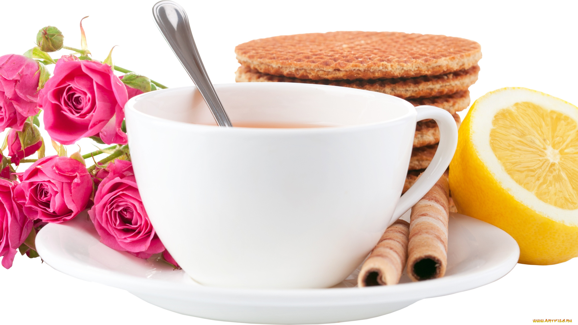 еда, кофе, , кофейные, зёрна, лимон, чашка, розы, печенье