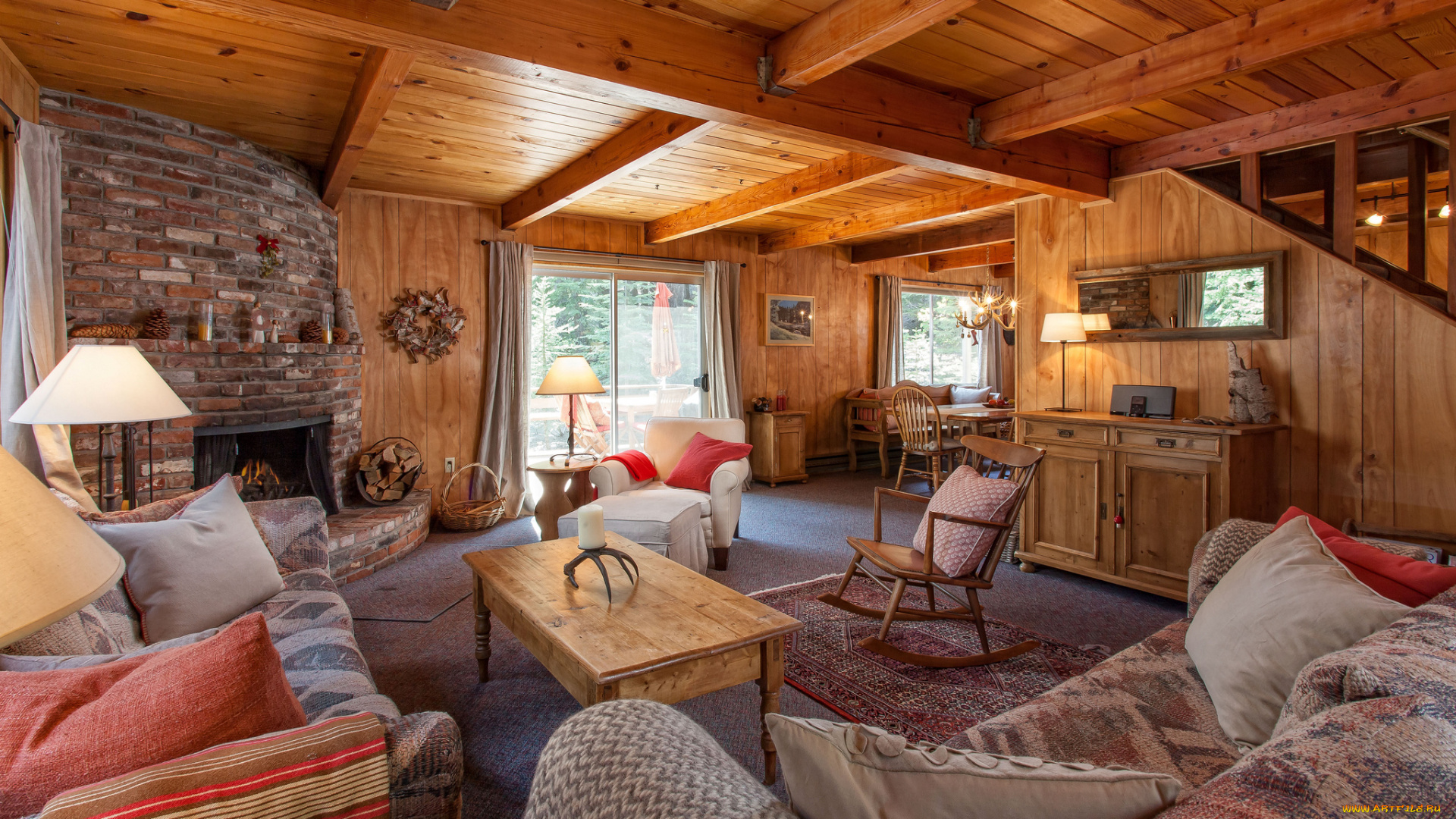 интерьер, гостиная, камин, дерево