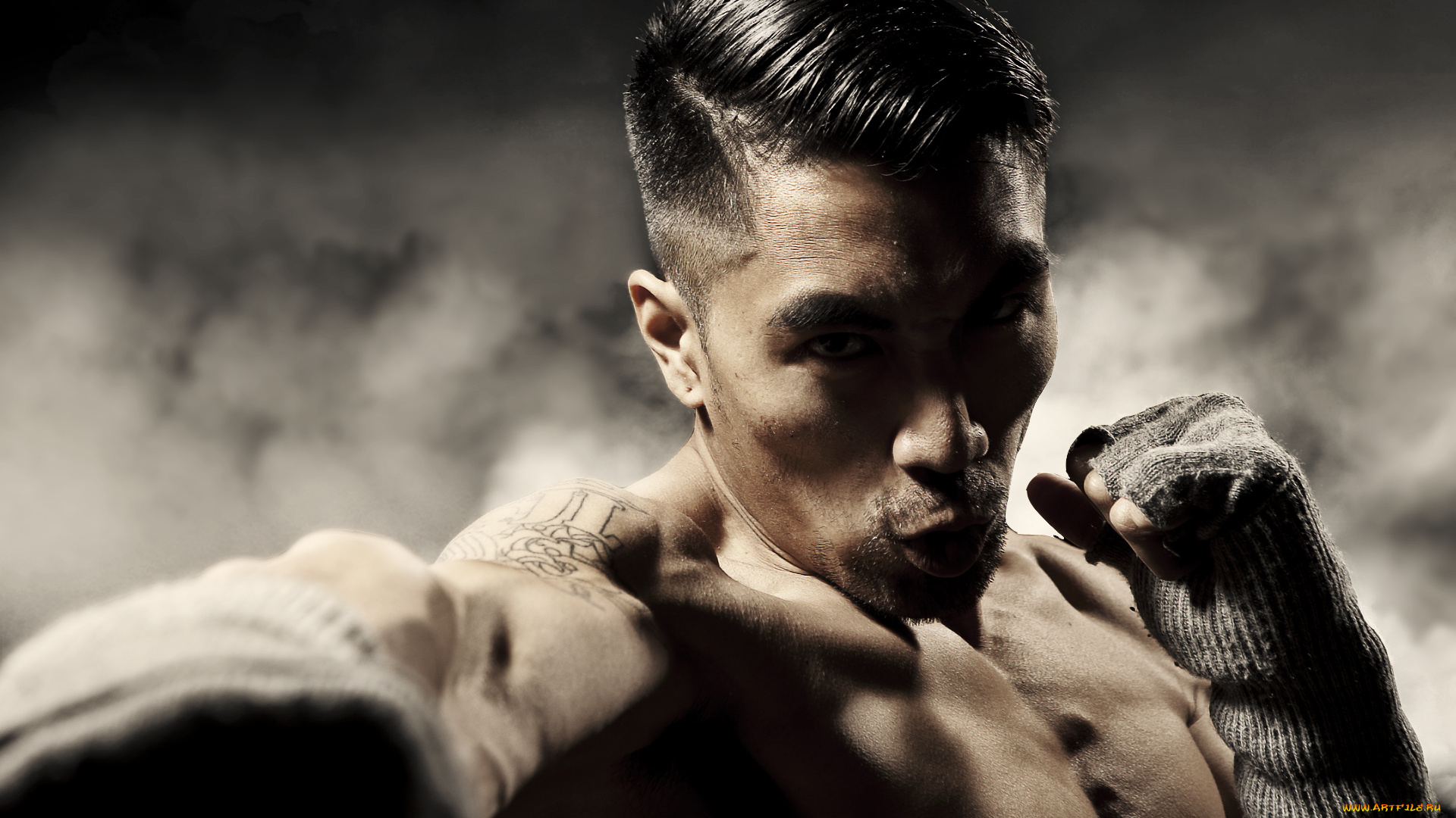 мужчины, -, unsort, бокс, тату, кулаки, стойка, азиат