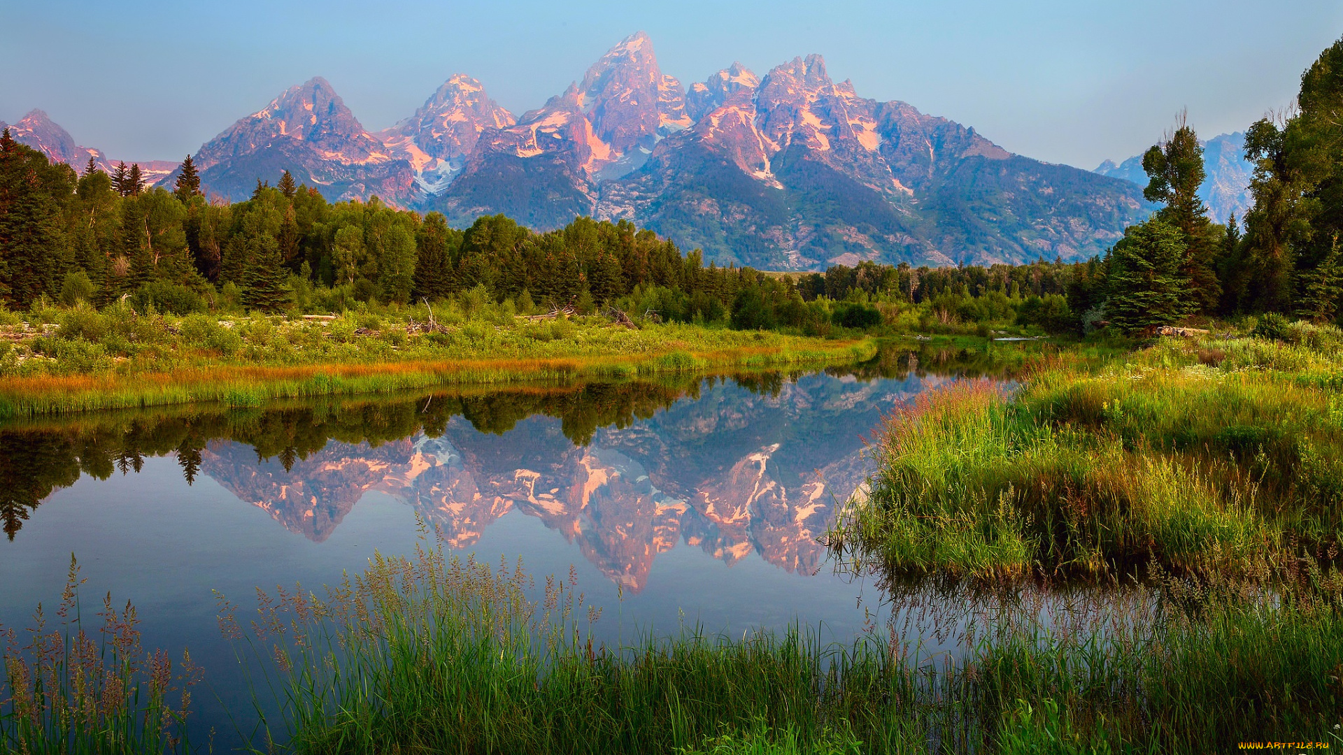 природа, реки, озера, небо, облака, schwabachers, landing, горы, лес, вода, отражения, лето, национальный, парк, гранд-титон, сша, штат, вайоминг