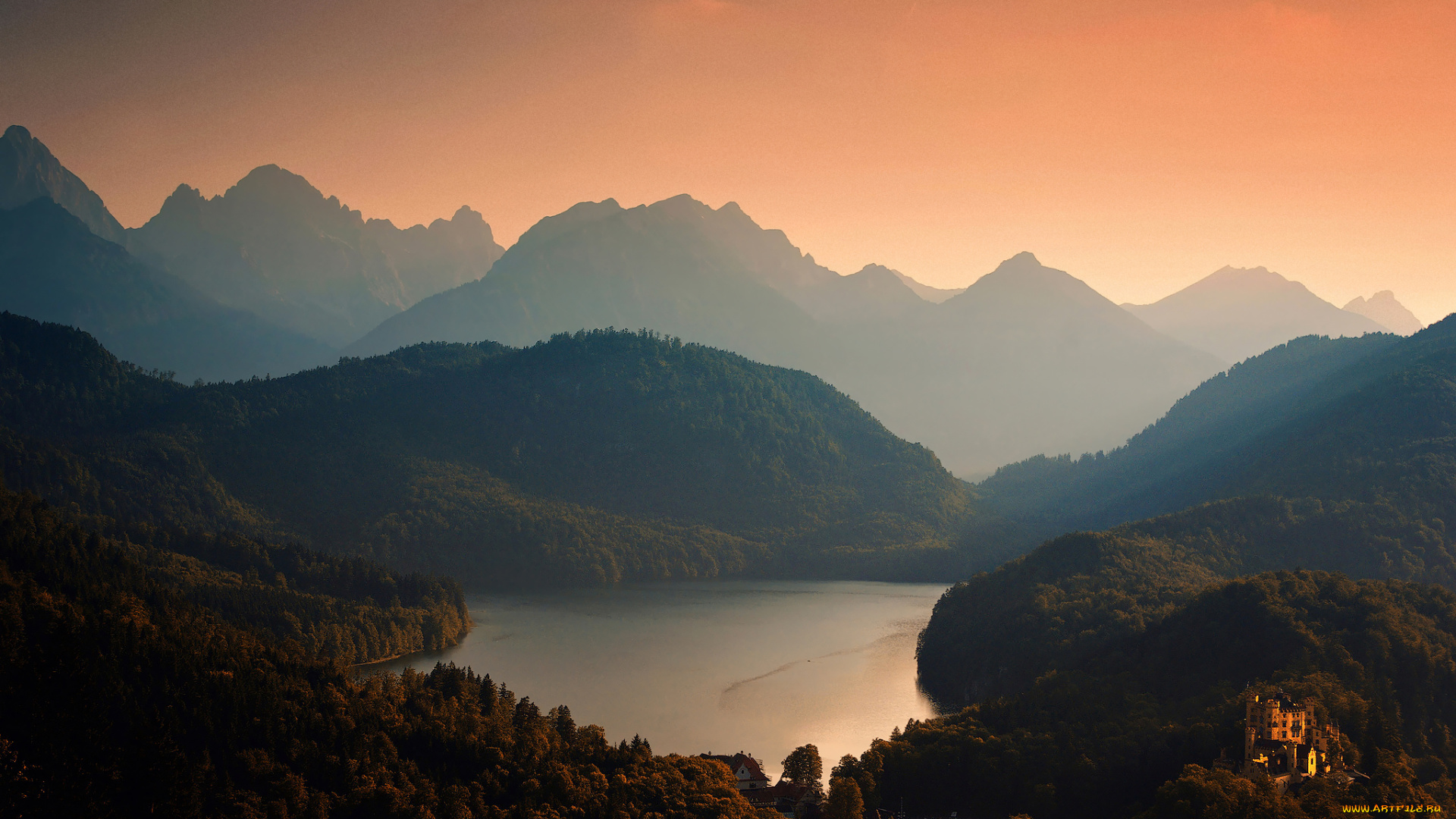 природа, реки, озера, земля, бавария, закат, небо, озеро, фрг, горы, леса, хоэншвангау, замок