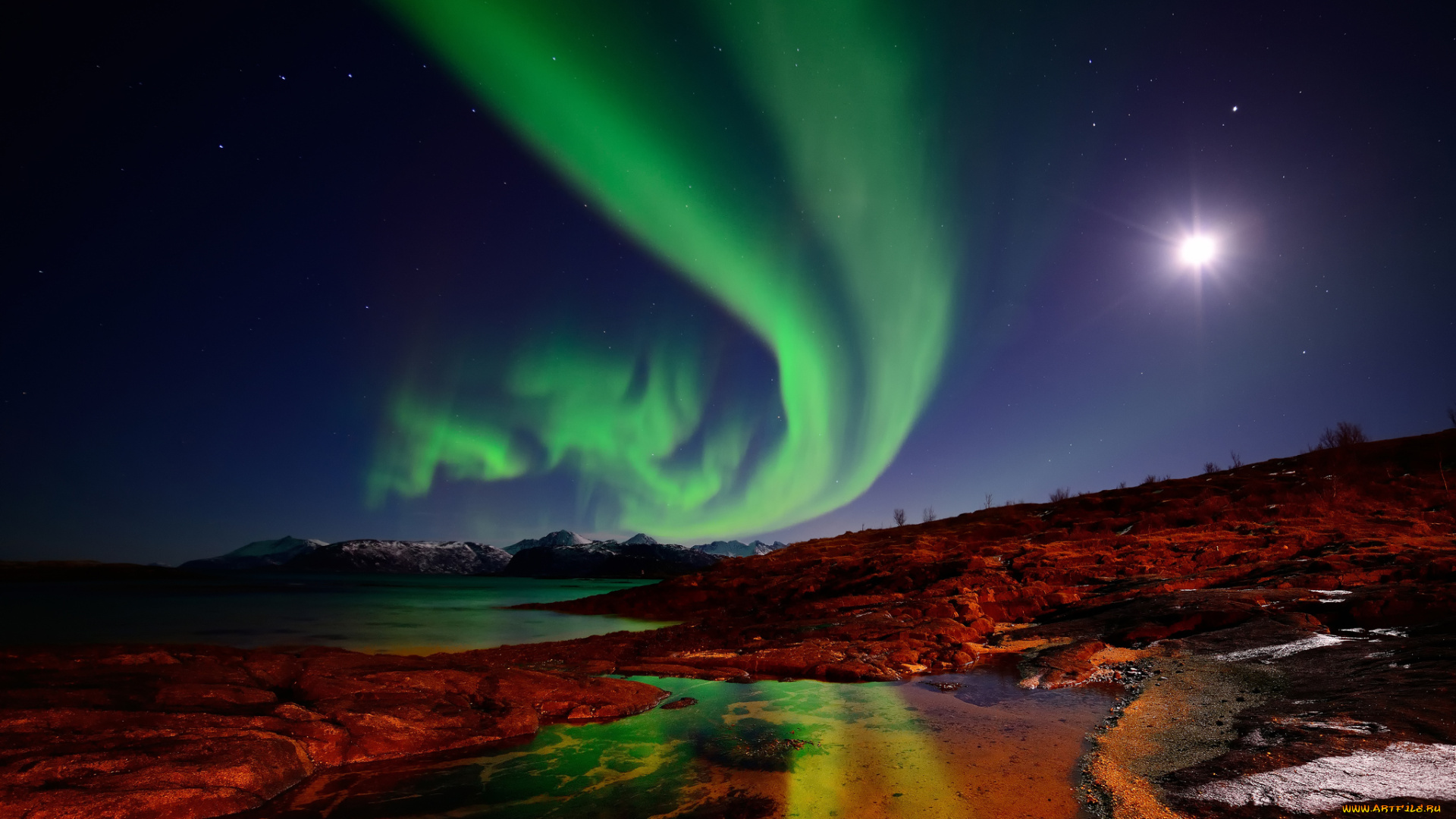 природа, северное, сияние, острова, ночь, северное, сияние, небо, звезды, луна, горы, норвегия