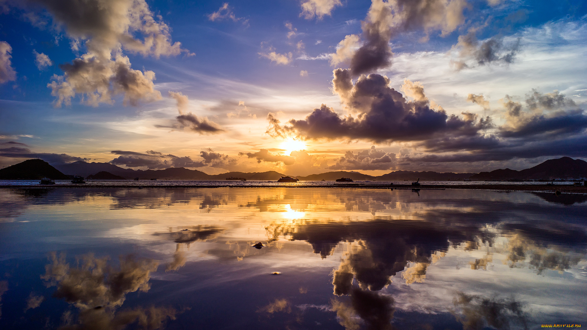 природа, восходы, закаты, корабли, облака, небо, залив, китай, отражения