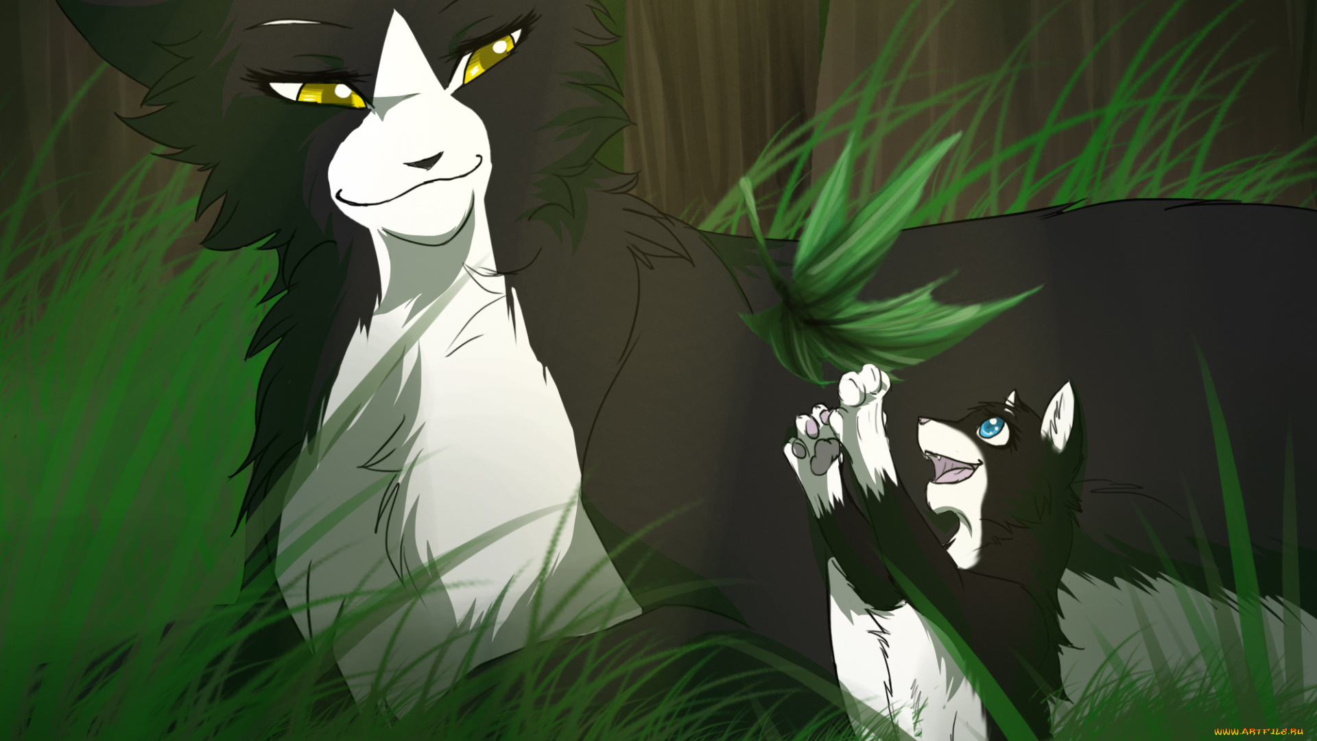 рисованные, животные, , коты, трава, кошки