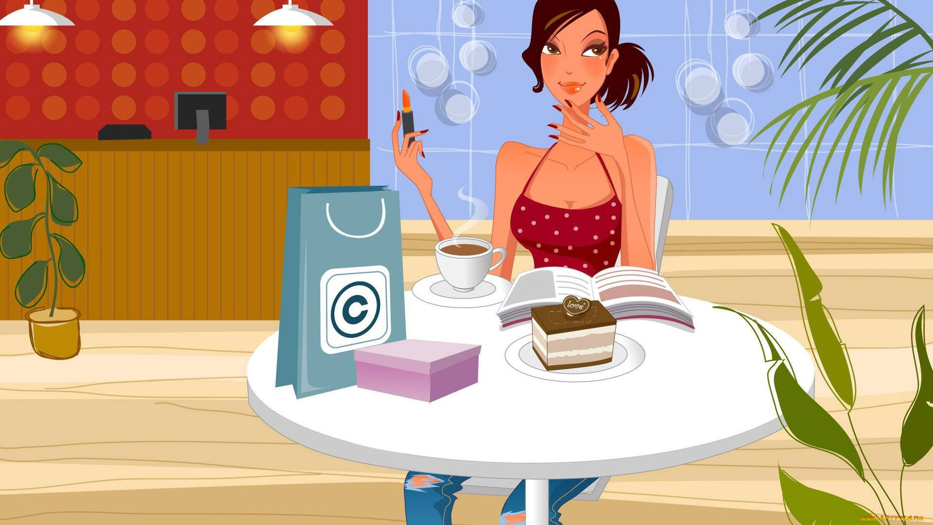 векторная, графика, девушки, кекс, книги, помада, растение, стол, взгляд, девушка