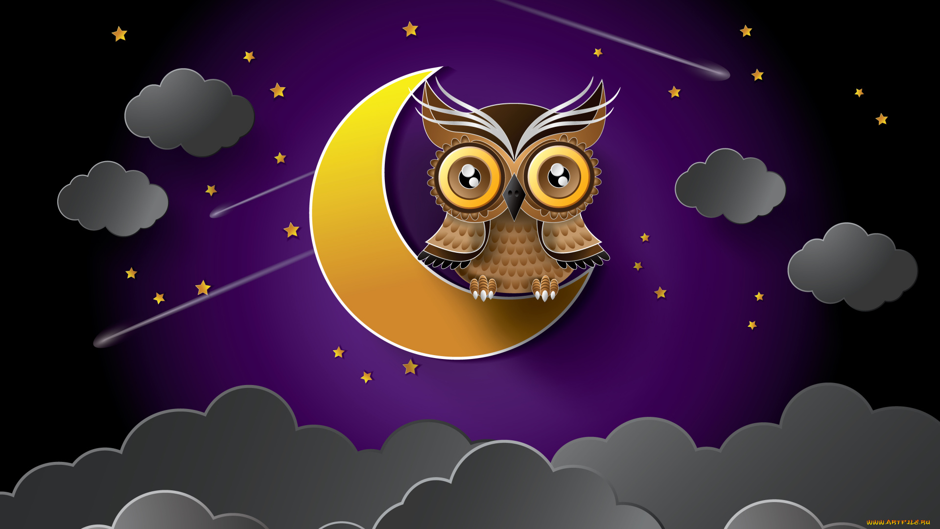 векторная, графика, птицы, звезды, ночь, сова, тучи, луна