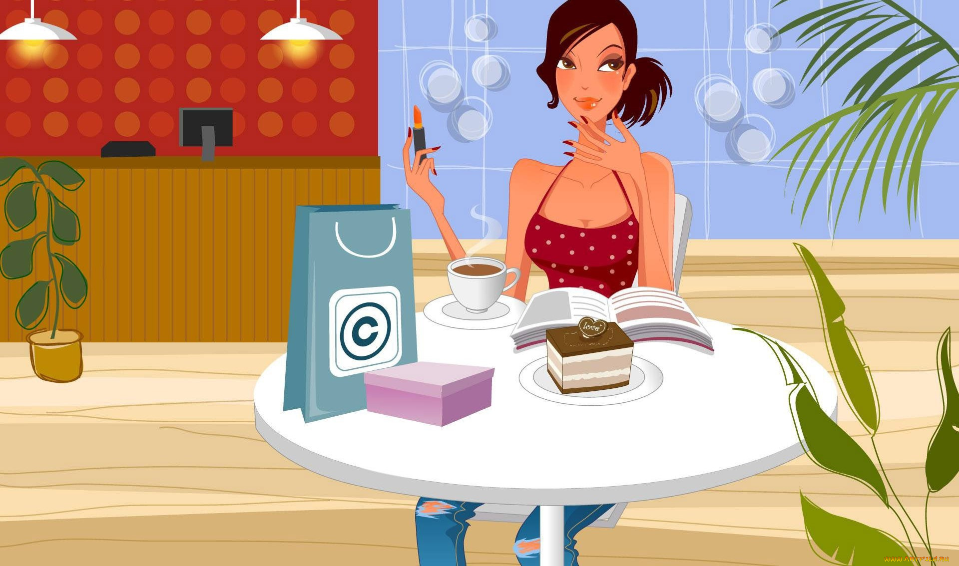 векторная, графика, девушки, кекс, книги, помада, растение, стол, взгляд, девушка