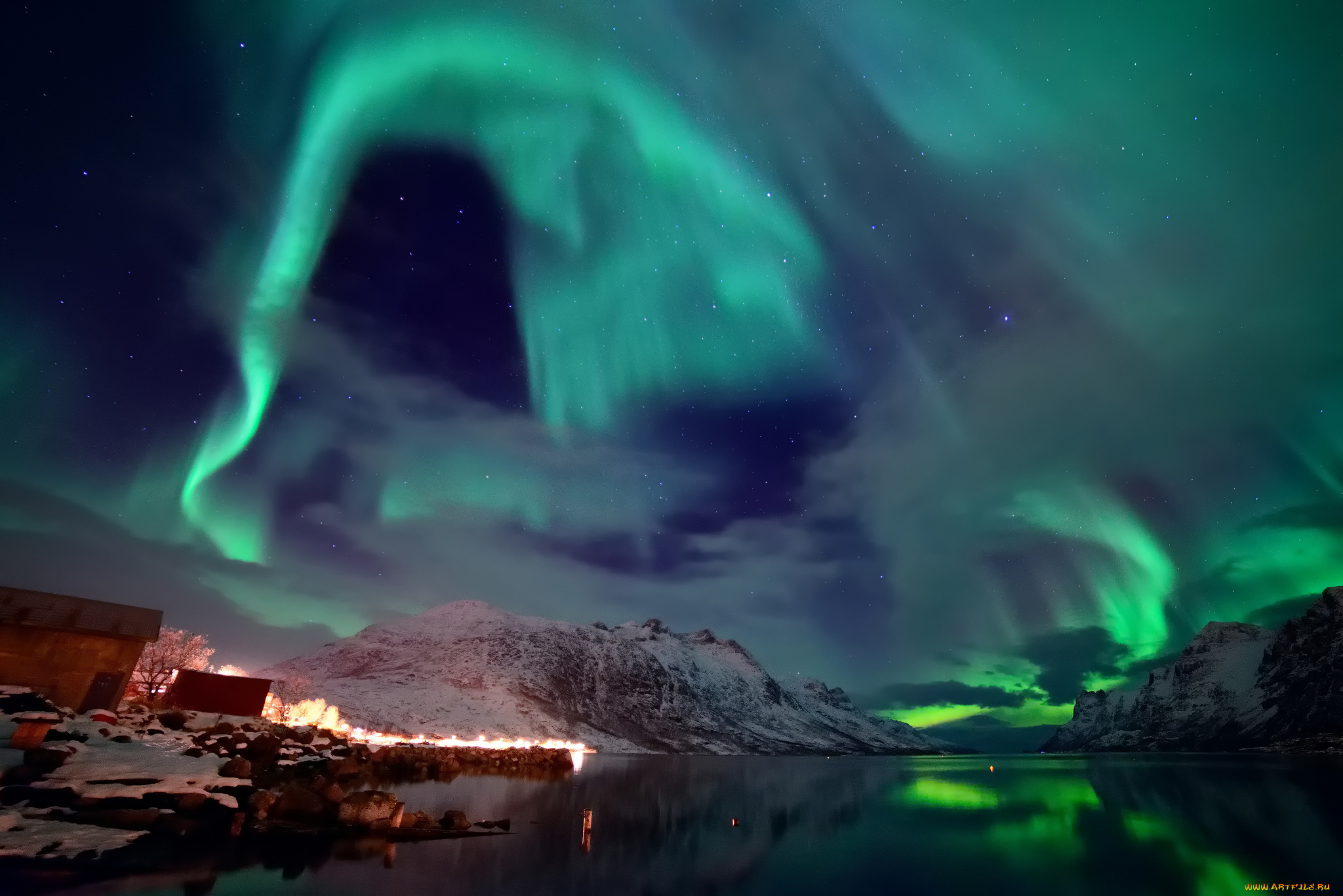 природа, северное, сияние, снег, зима, звезды, свет, небо, северное, сияние