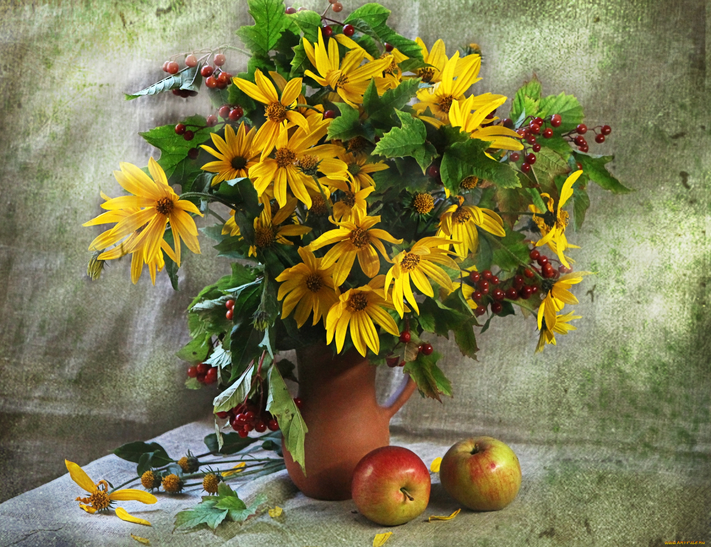 цветы, рудбекия, яблоки, калина
