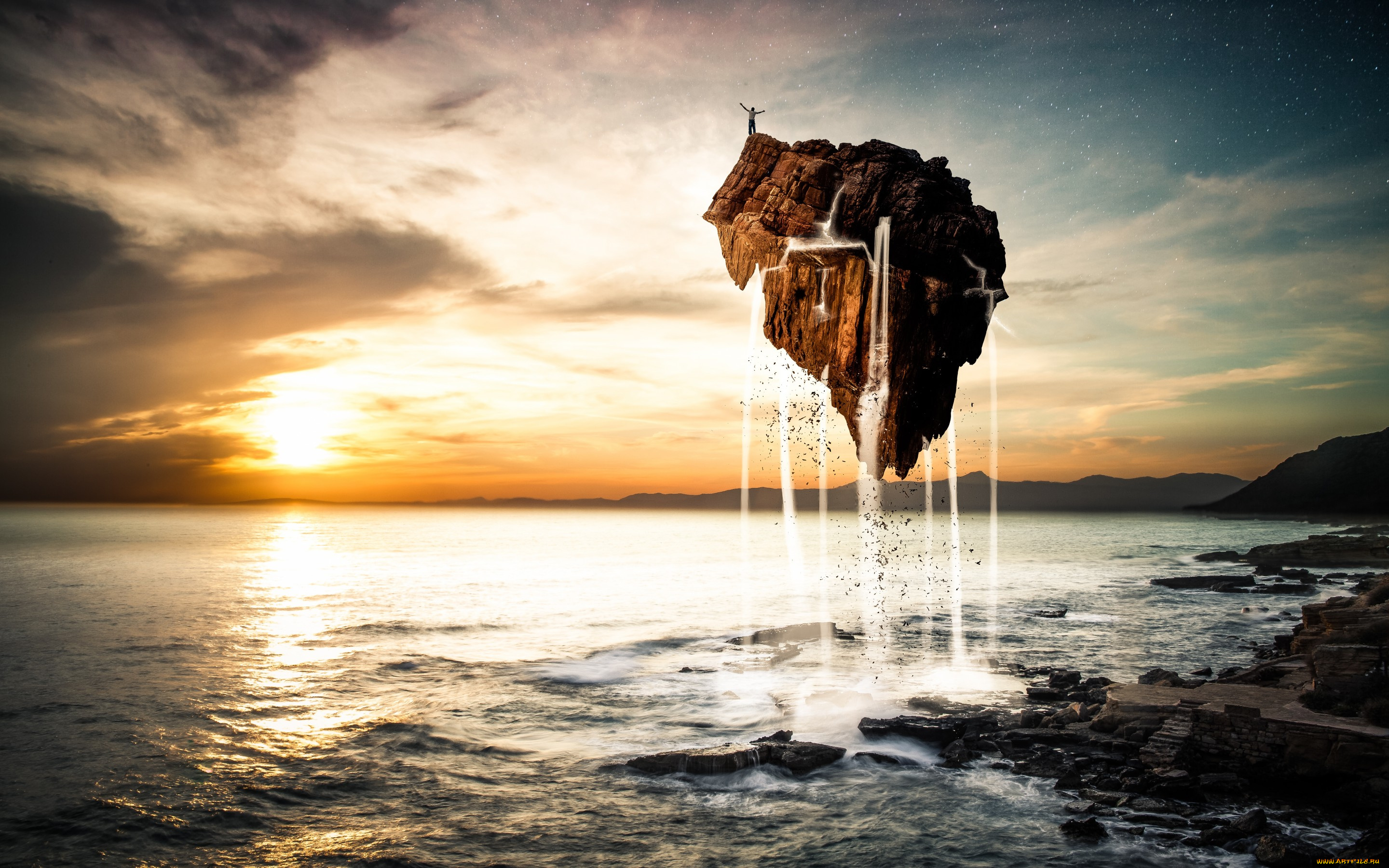 разное, компьютерный, дизайн, камень, полет, человек, остров, звезды, облака, небо, море, пейзаж, арт, вода, закат