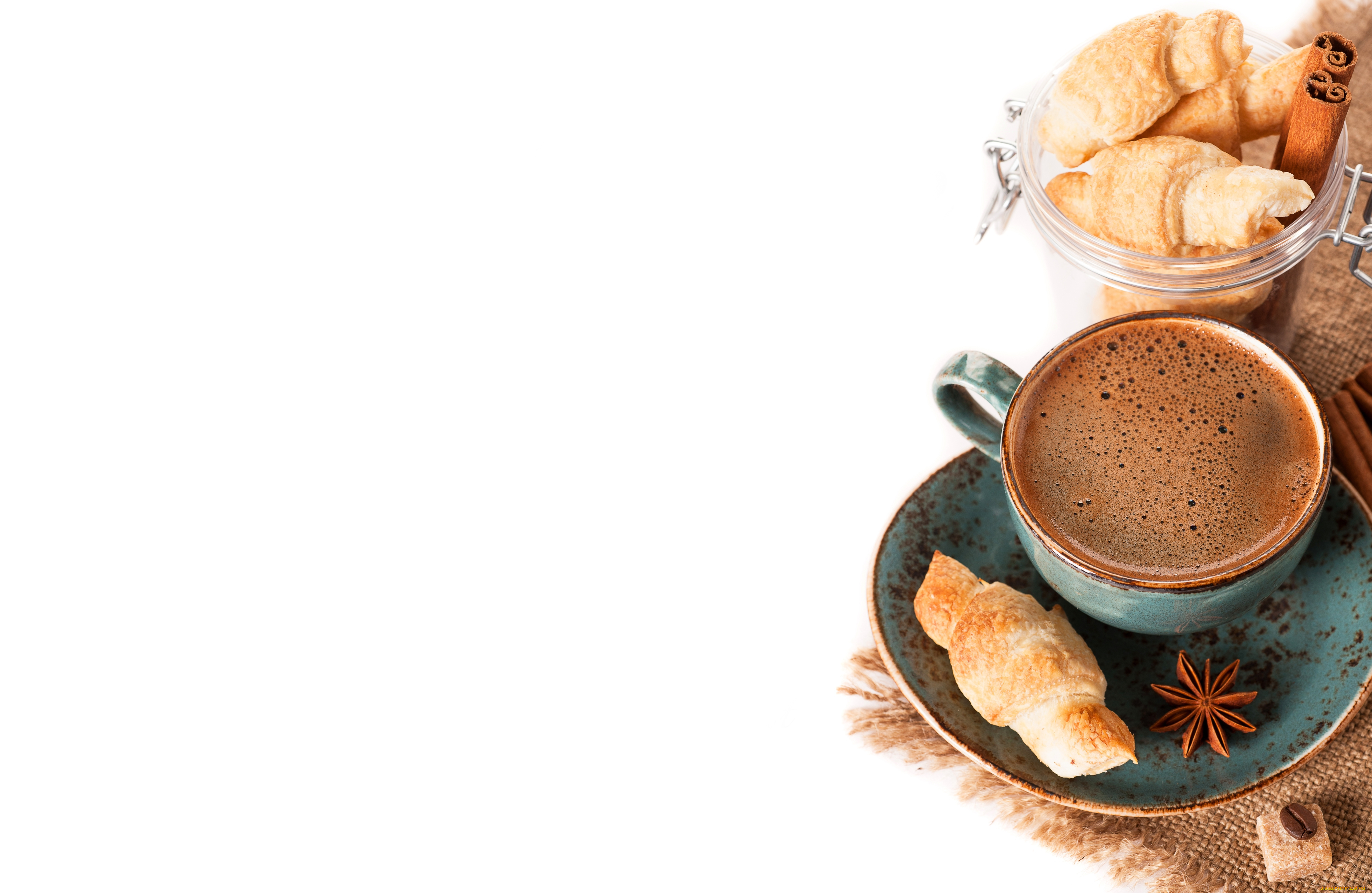 еда, кофе, , кофейные, зёрна, круассан