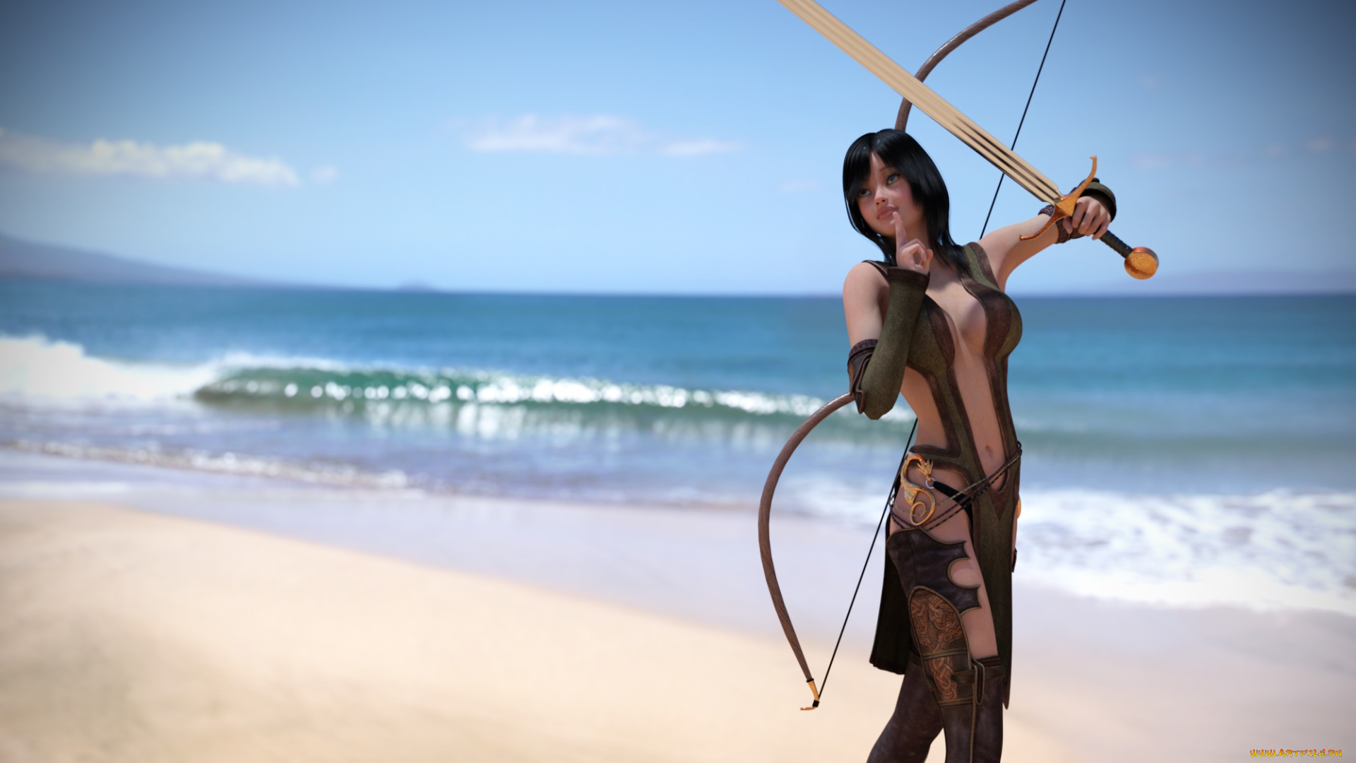 3д, графика, амазонки, , amazon, девушка, лук, фон, взгляд