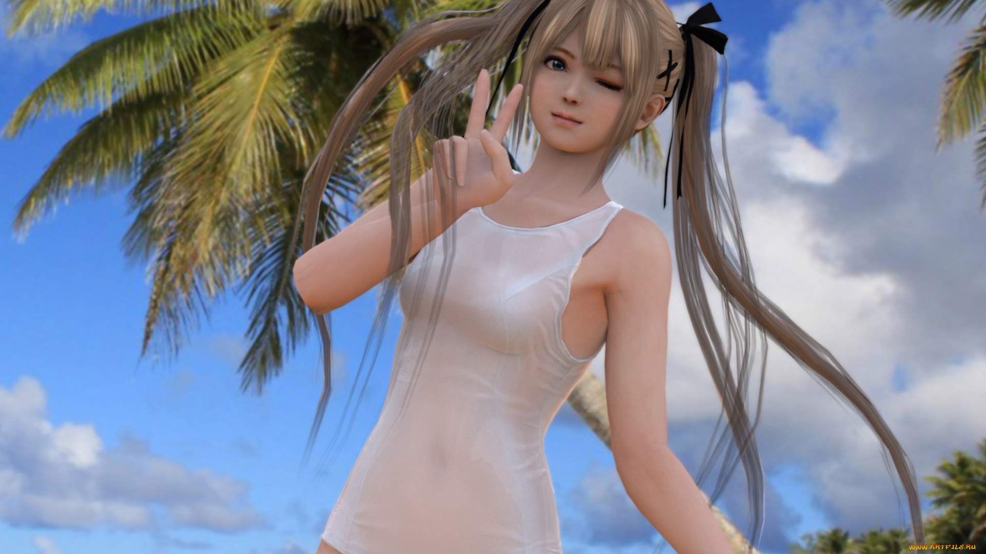 3д, графика, аниме, , anime, девушка, взгляд, фон, пальмы